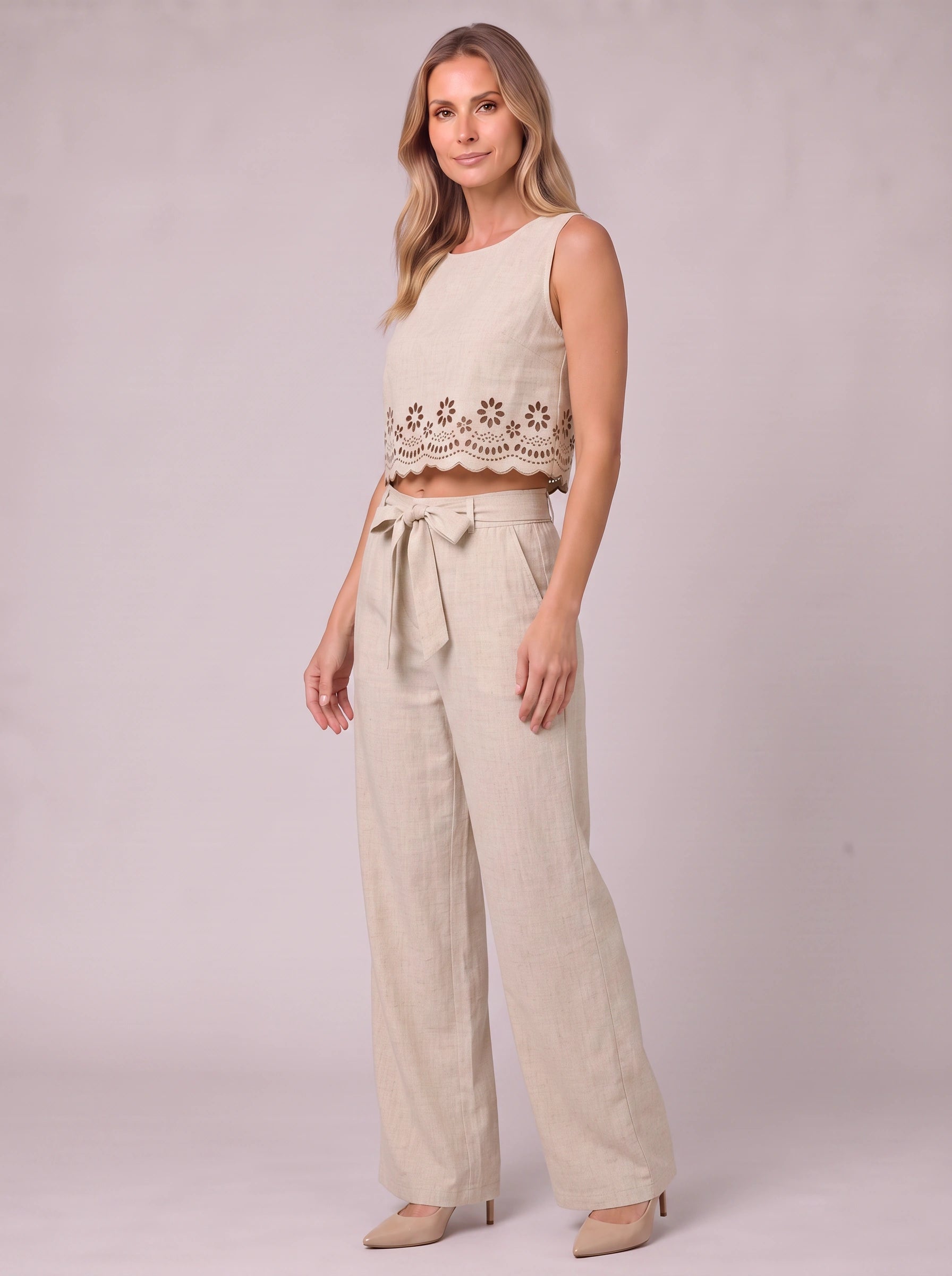 Selah Cutwork Crop Wide-Leg Co-Ord Set – Two Piece Sets Women Matching Set Linen Summer Vacation Casual Lounge 2 Piece Sets Women