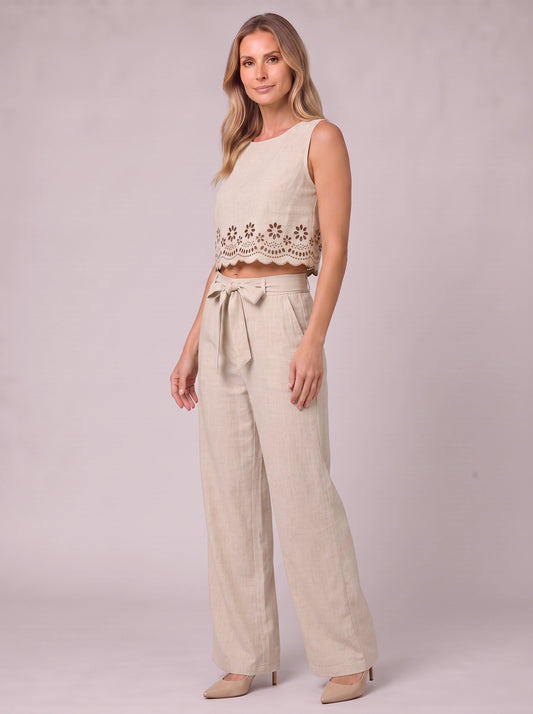 Selah Cutwork Crop Wide-Leg Co-Ord Set – Two Piece Sets Women Matching Set Linen Summer Vacation Casual Lounge 2 Piece Sets Women