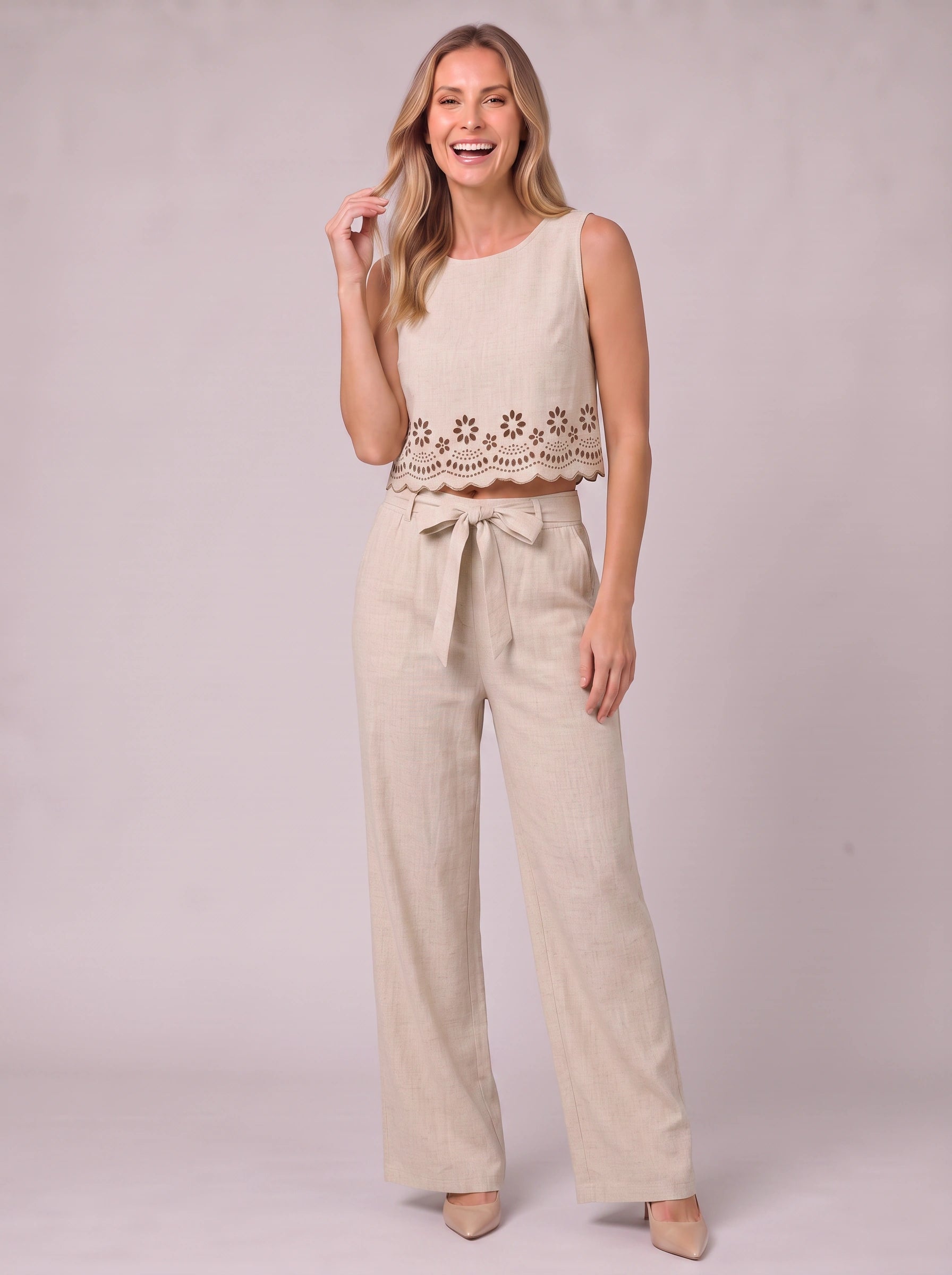 Selah Cutwork Crop Wide-Leg Co-Ord Set – Two Piece Sets Women Matching Set Linen Summer Vacation Casual Lounge 2 Piece Sets Women