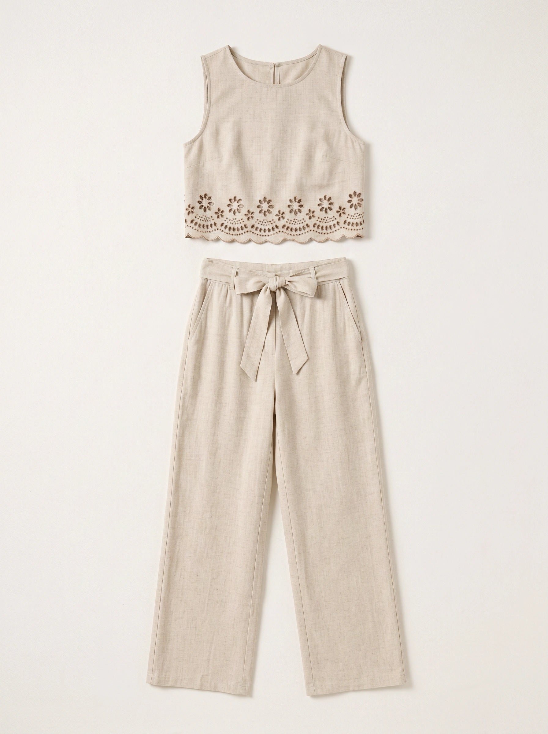 Selah Cutwork Crop Wide-Leg Co-Ord Set – Two Piece Sets Women Matching Set Linen Summer Vacation Casual Lounge 2 Piece Sets Women