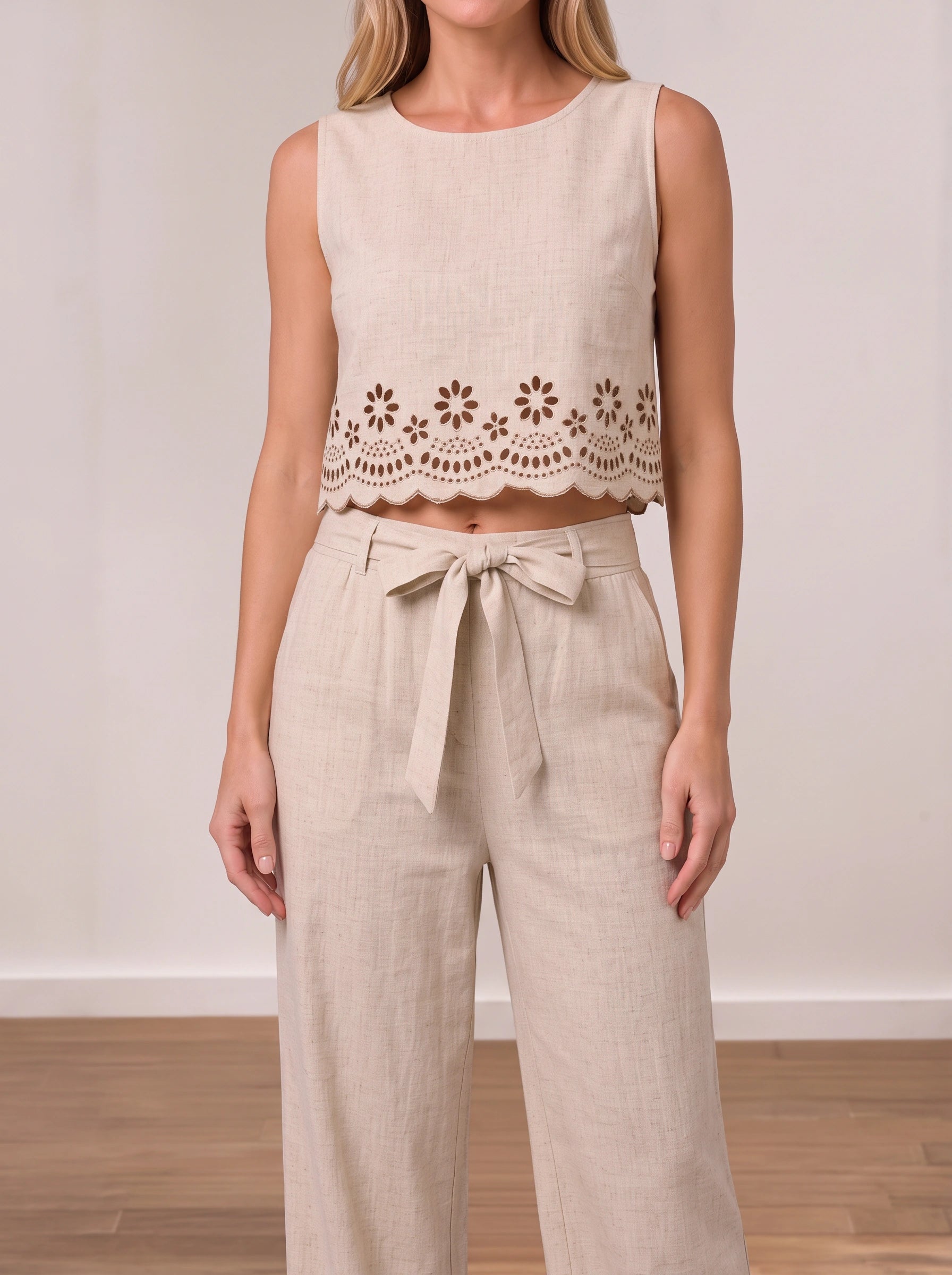 Selah Cutwork Crop Wide-Leg Co-Ord Set – Two Piece Sets Women Matching Set Linen Summer Vacation Casual Lounge 2 Piece Sets Women