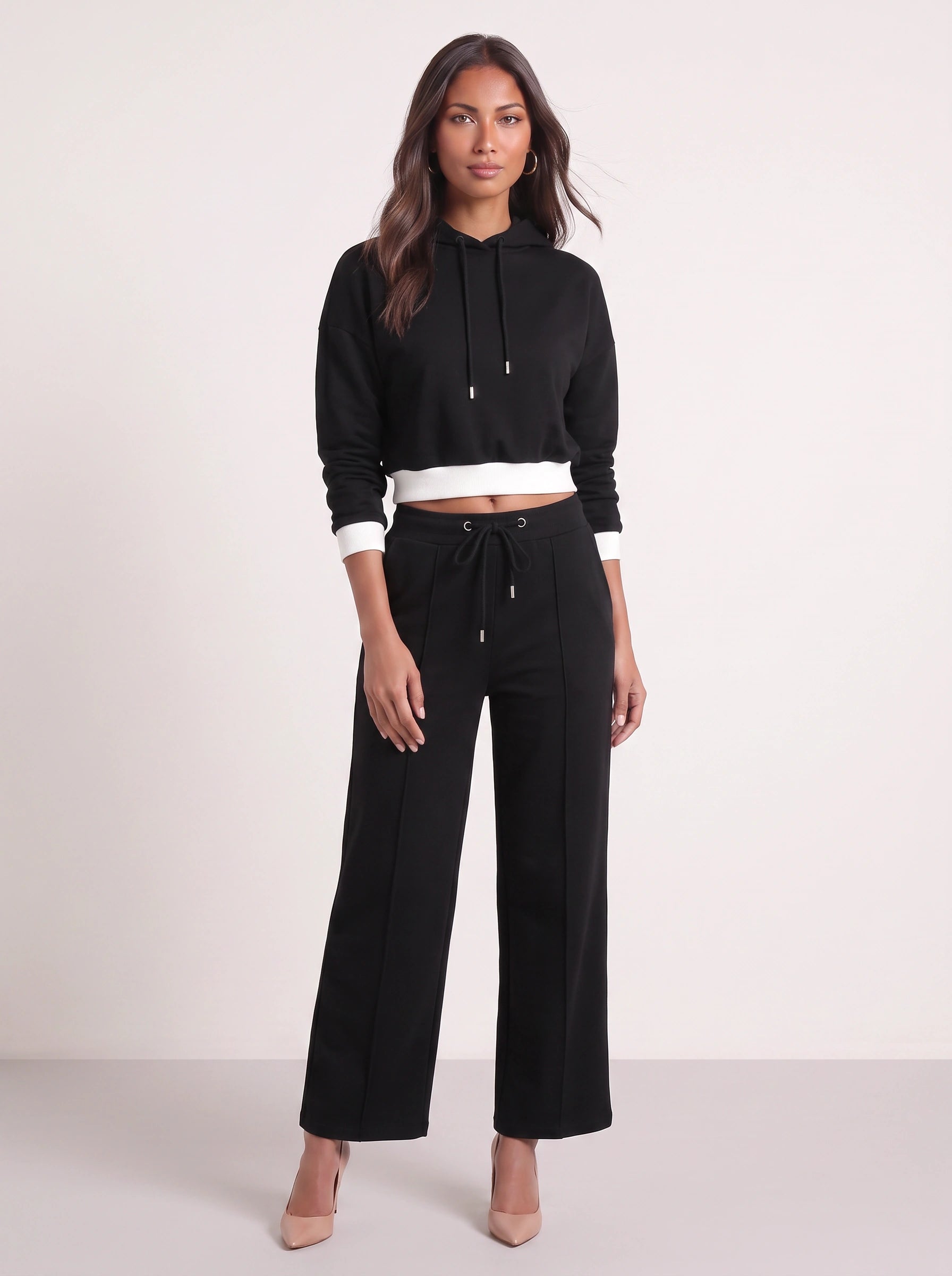 Contour Cropped Hoodie Wide-Leg Sweat Set – Two Piece Sets Women Loungewear Casual Athleisure Tracksuit