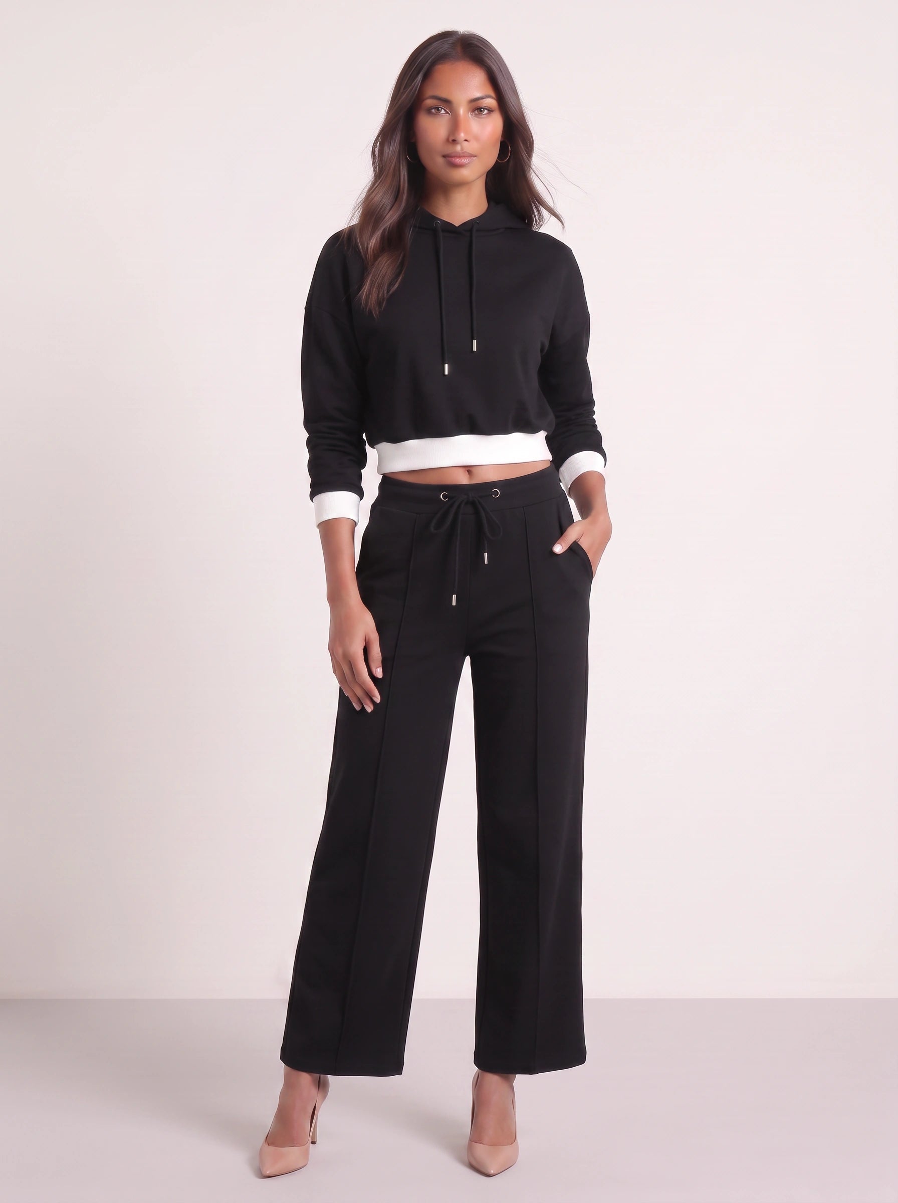 Contour Cropped Hoodie Wide-Leg Sweat Set – Two Piece Sets Women Loungewear Casual Athleisure Tracksuit