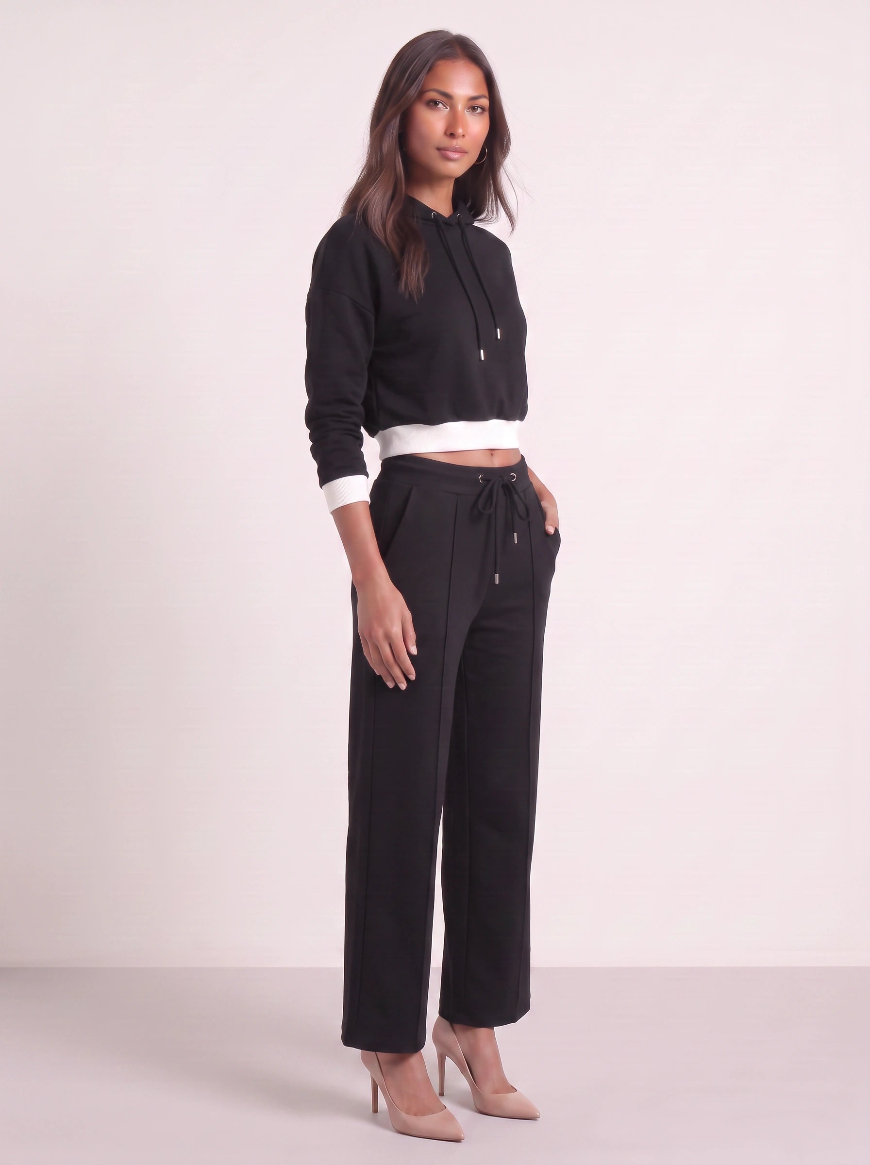 Contour Cropped Hoodie Wide-Leg Sweat Set – Two Piece Sets Women Loungewear Casual Athleisure Tracksuit