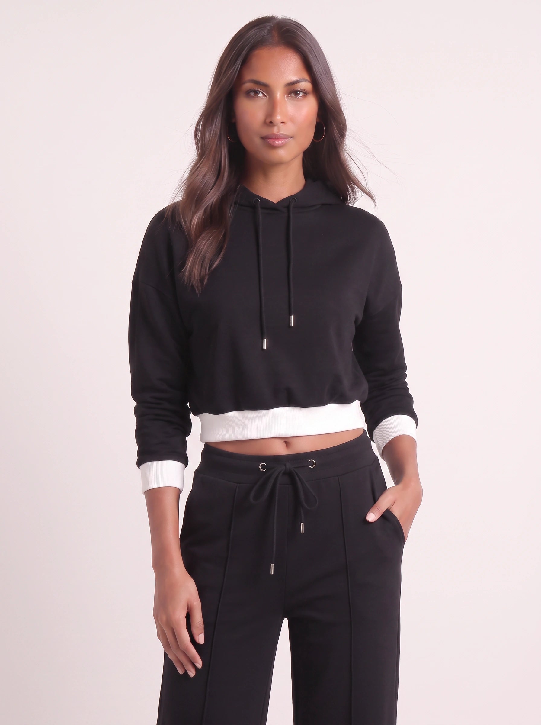 Contour Cropped Hoodie Wide-Leg Sweat Set – Two Piece Sets Women Loungewear Casual Athleisure Tracksuit