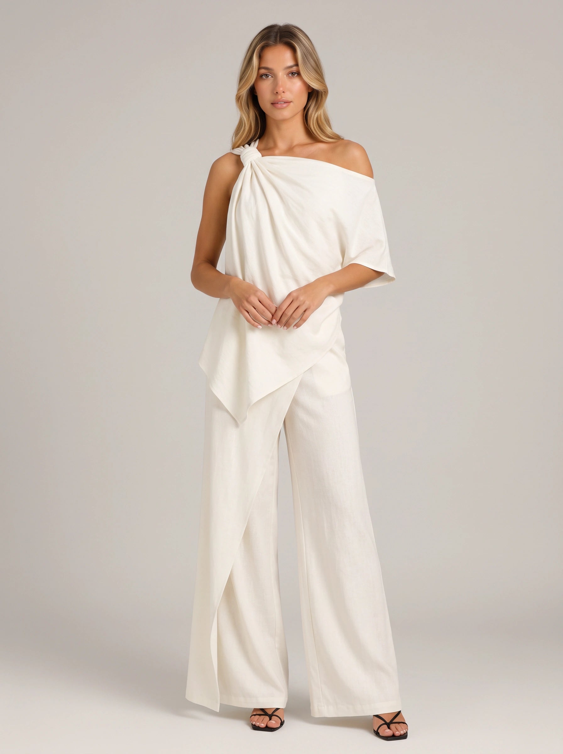 Isolde One-Shoulder Draped Top Wide-Leg Pants Set – Women Summer Cocktail Formal Evening Outfit Two-Piece Set