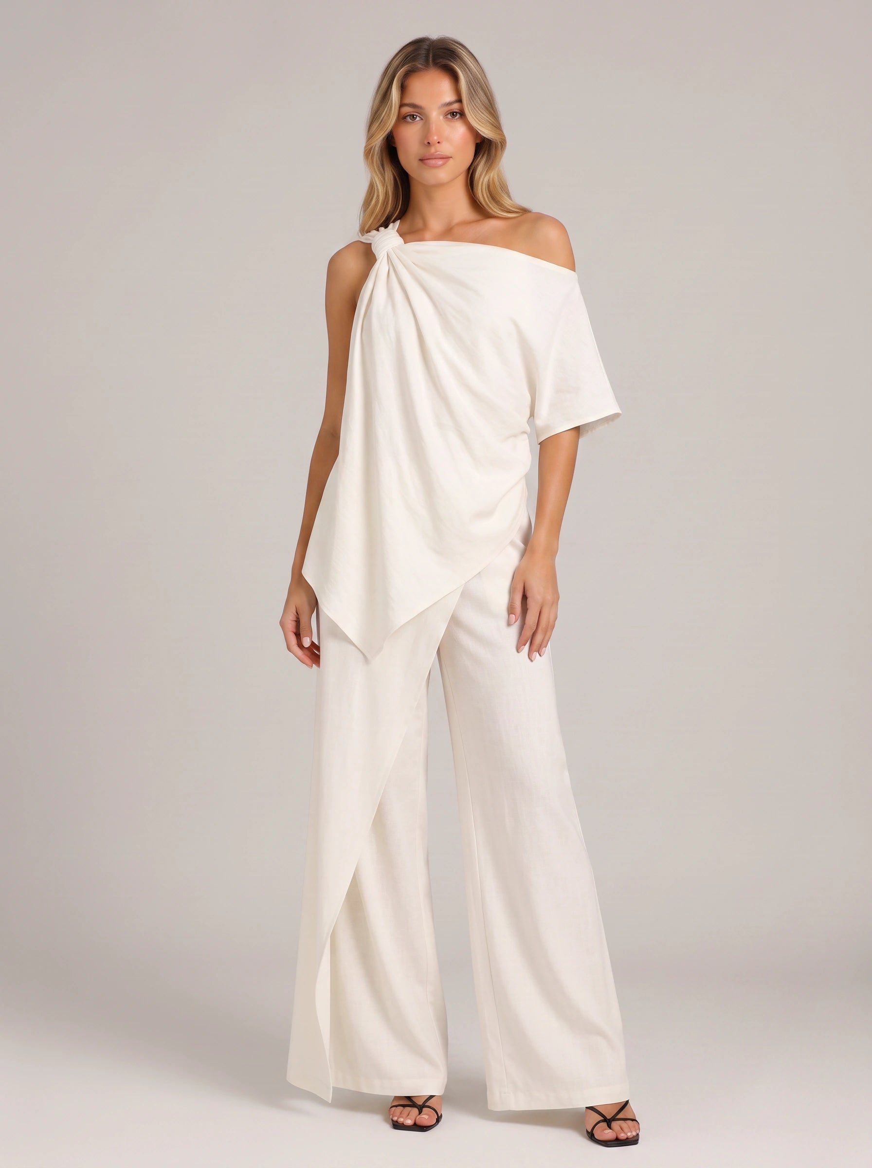 Isolde One-Shoulder Draped Top Wide-Leg Pants Set – Women Summer Cocktail Formal Evening Outfit Two-Piece Set