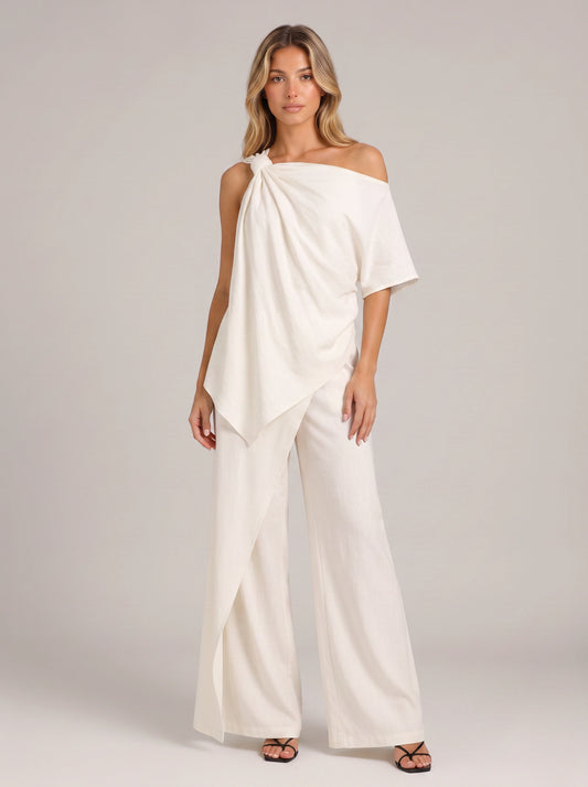 Isolde One-Shoulder Draped Top Wide-Leg Pants Set – Women Summer Cocktail Formal Evening Outfit Two-Piece Set