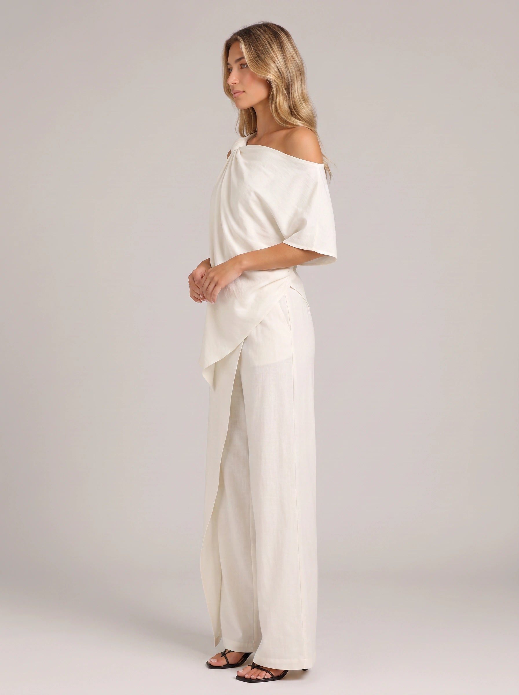 Isolde One-Shoulder Draped Top Wide-Leg Pants Set – Women Summer Cocktail Formal Evening Outfit Two-Piece Set