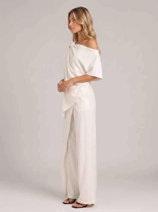 Isolde One-Shoulder Draped Top Wide-Leg Pants Set – Women Summer Cocktail Formal Evening Outfit Two-Piece Set