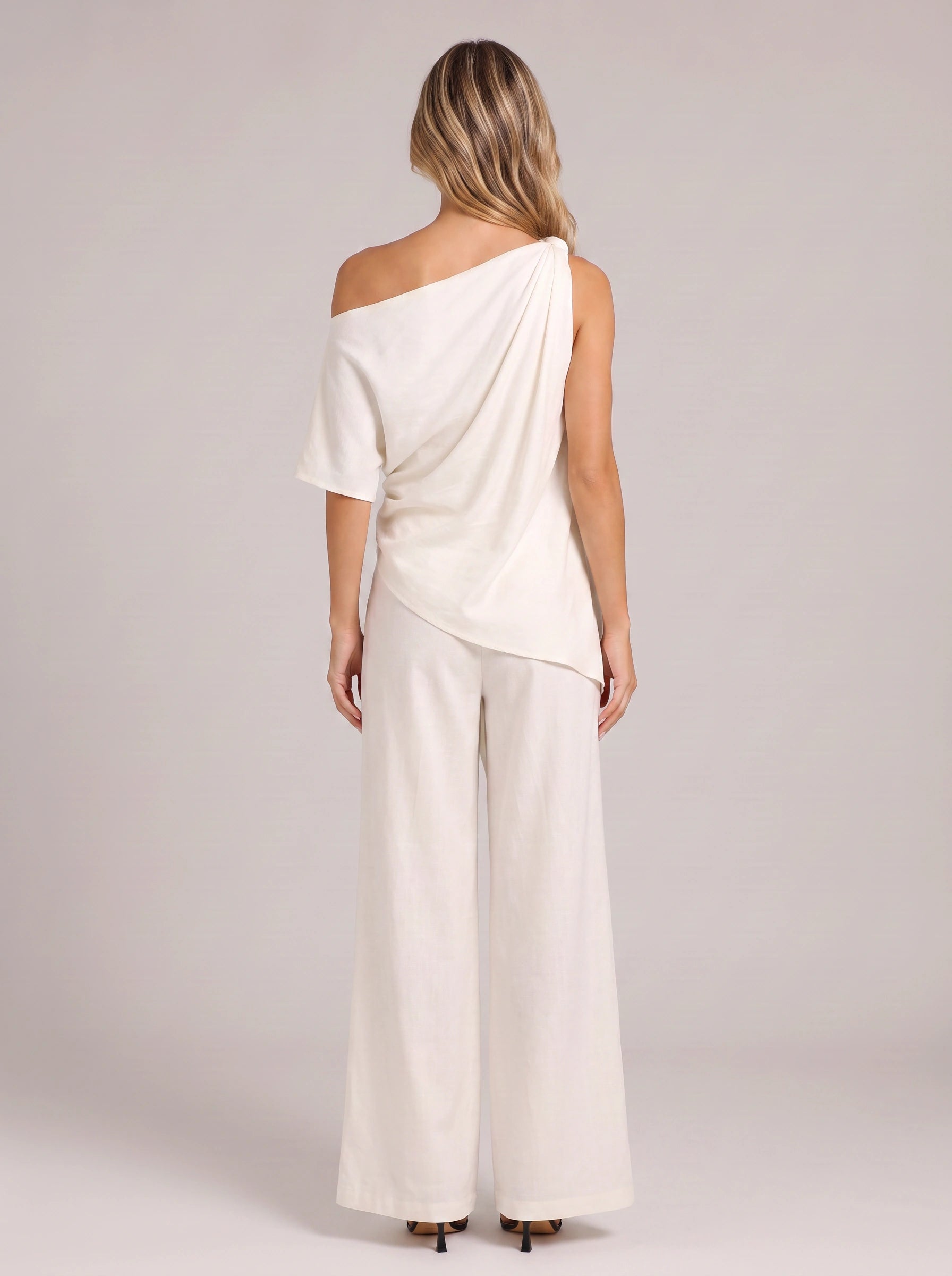 Isolde One-Shoulder Draped Top Wide-Leg Pants Set – Women Summer Cocktail Formal Evening Outfit Two-Piece Set