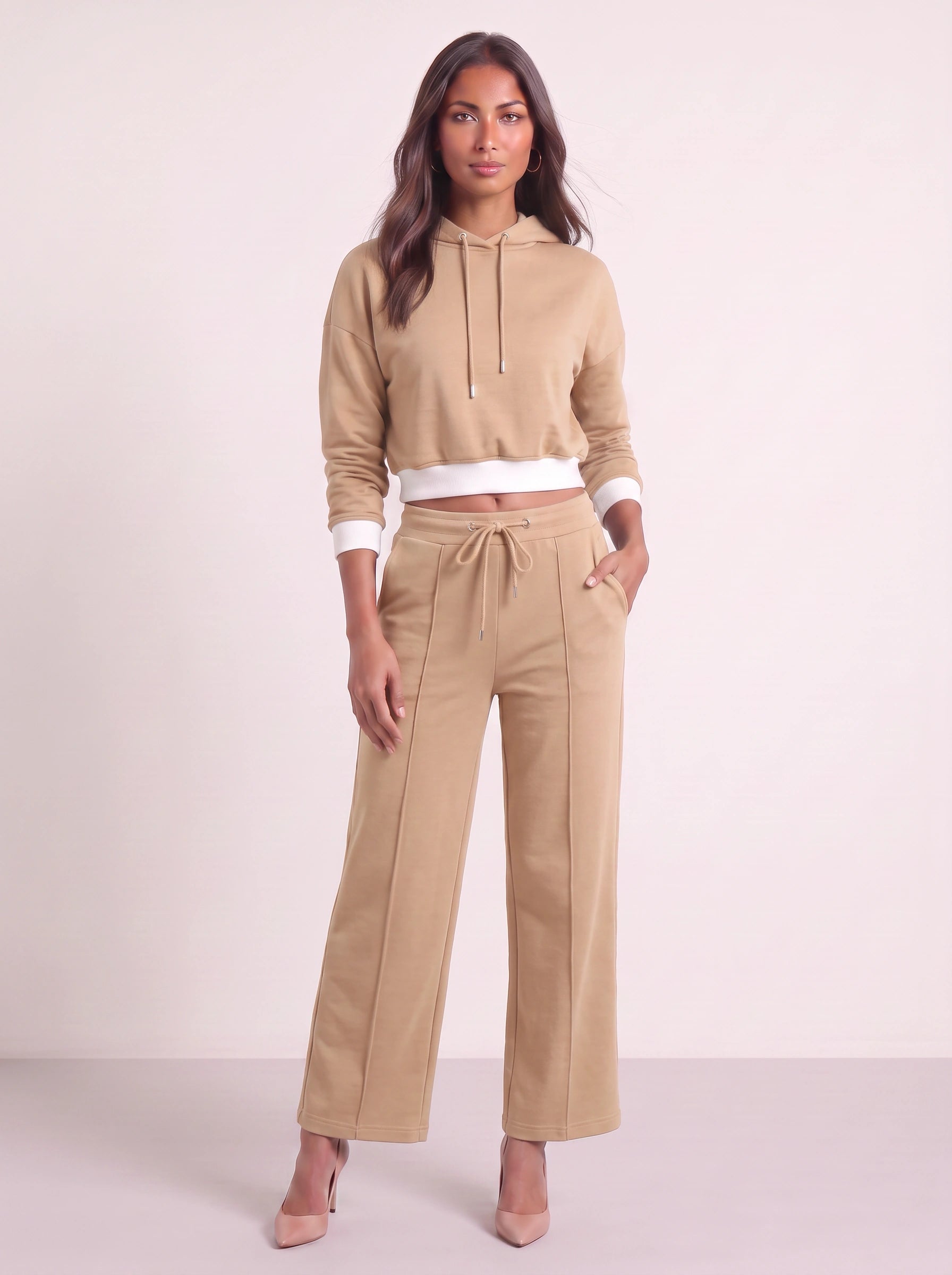 Contour Cropped Hoodie Wide-Leg Sweat Set – Two Piece Sets Women Loungewear Casual Athleisure Tracksuit