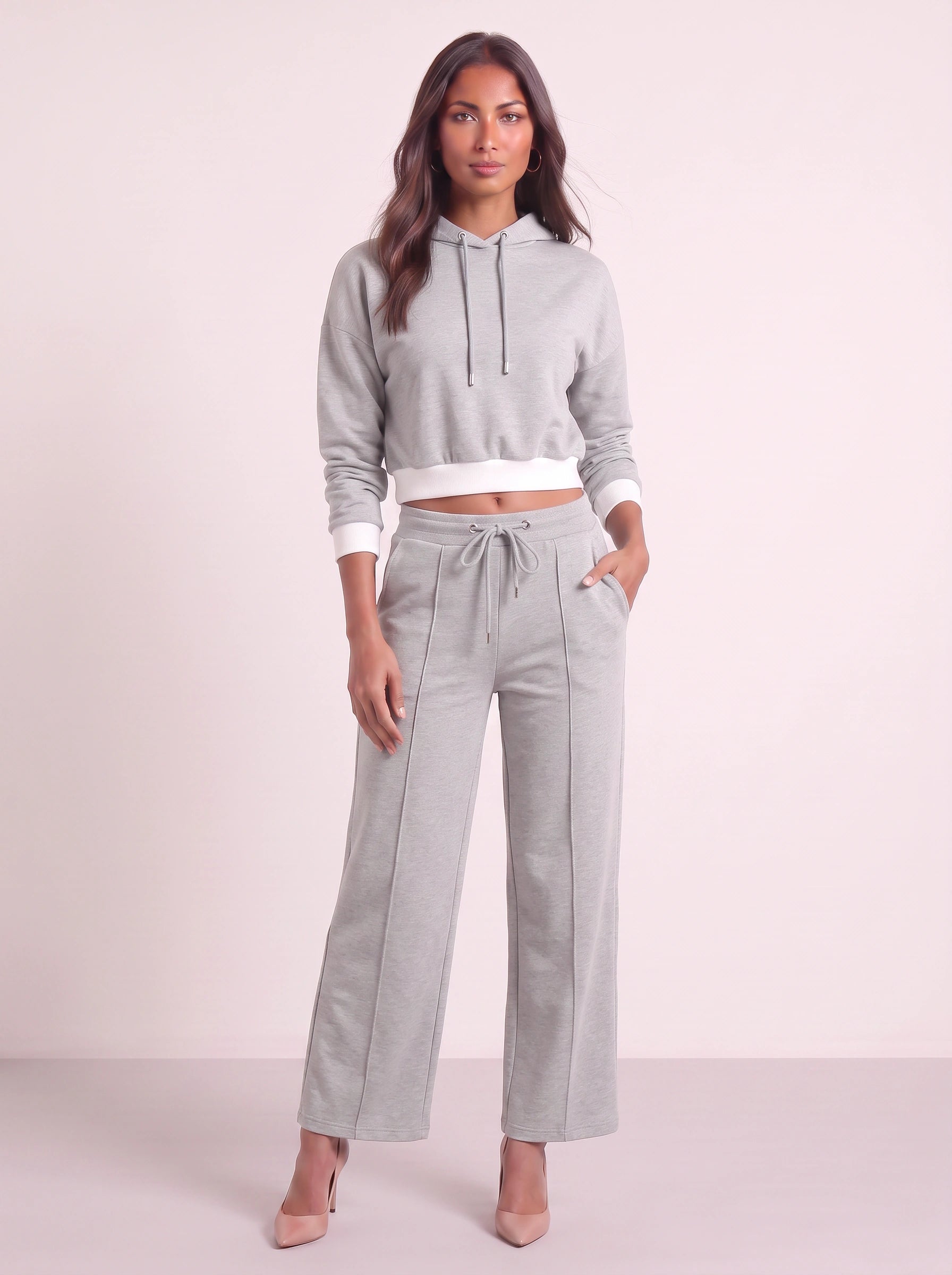 Contour Cropped Hoodie Wide-Leg Sweat Set – Two Piece Sets Women Loungewear Casual Athleisure Tracksuit