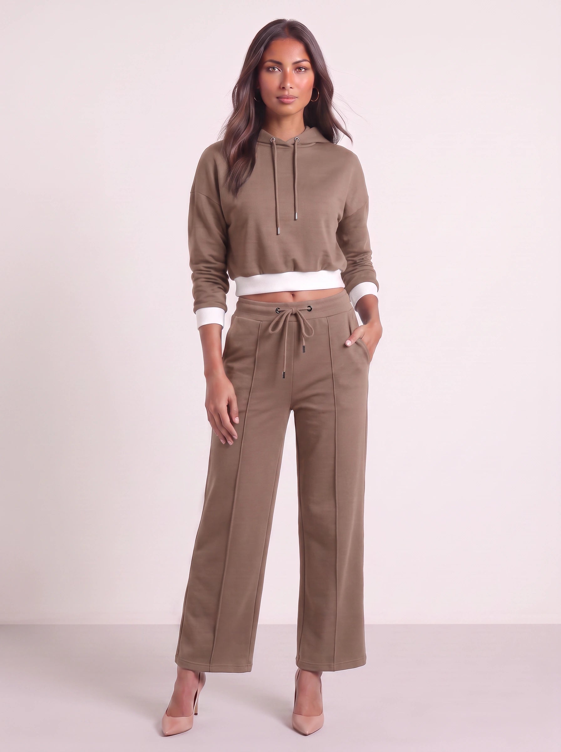 Contour Cropped Hoodie Wide-Leg Sweat Set – Two Piece Sets Women Loungewear Casual Athleisure Tracksuit