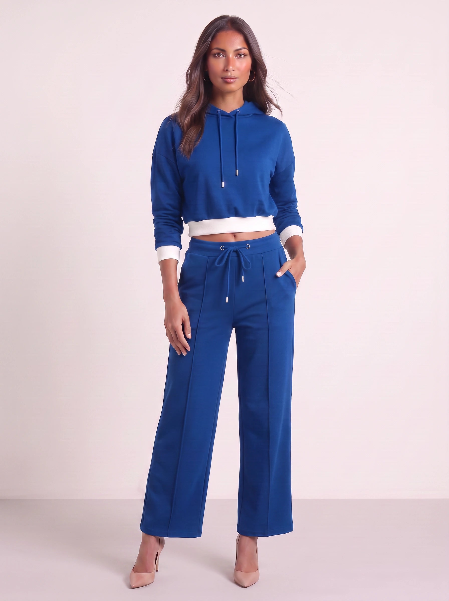 Contour Cropped Hoodie Wide-Leg Sweat Set – Two Piece Sets Women Loungewear Casual Athleisure Tracksuit