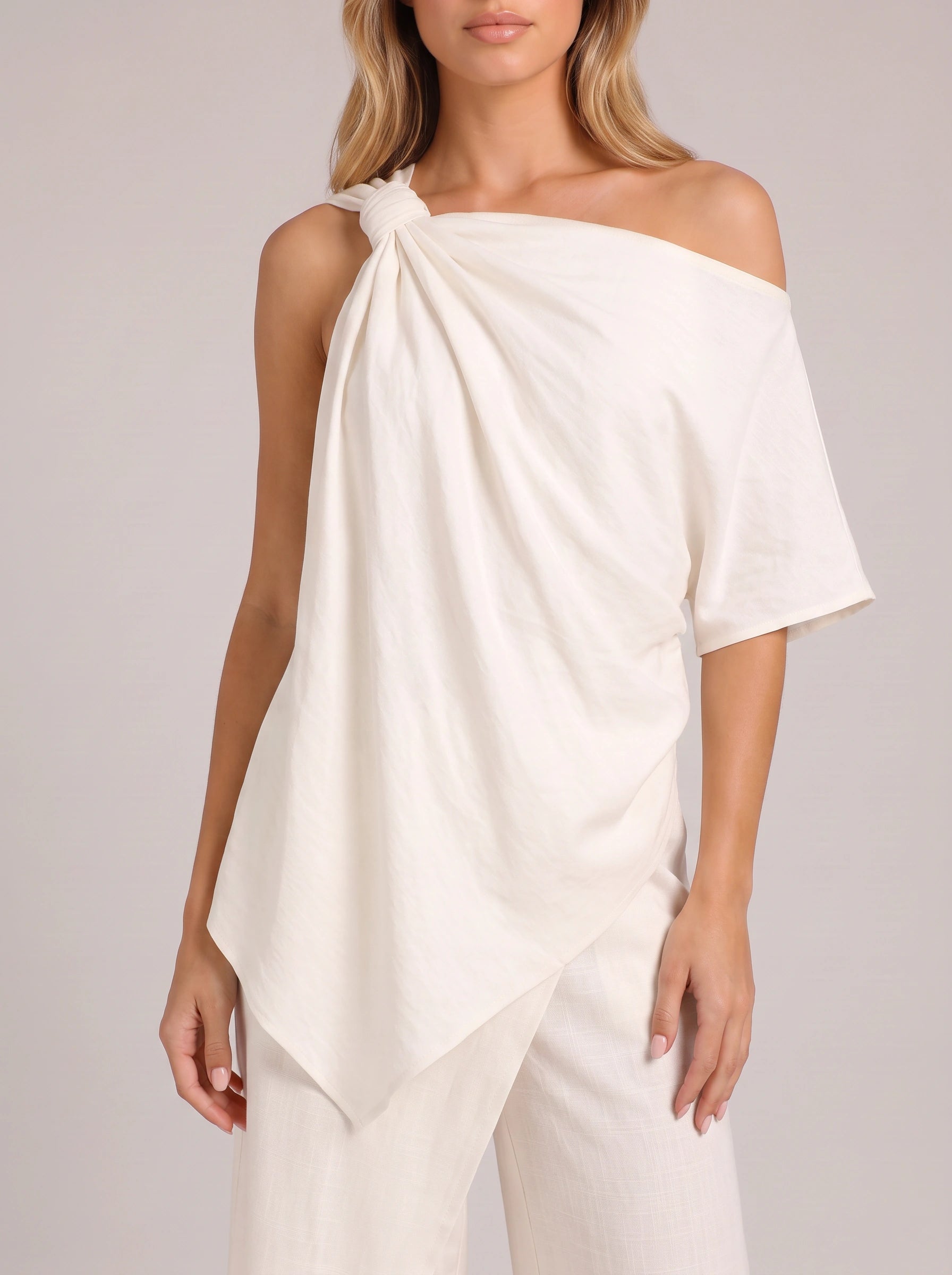 Isolde One-Shoulder Draped Top Wide-Leg Pants Set – Women Summer Cocktail Formal Evening Outfit Two-Piece Set
