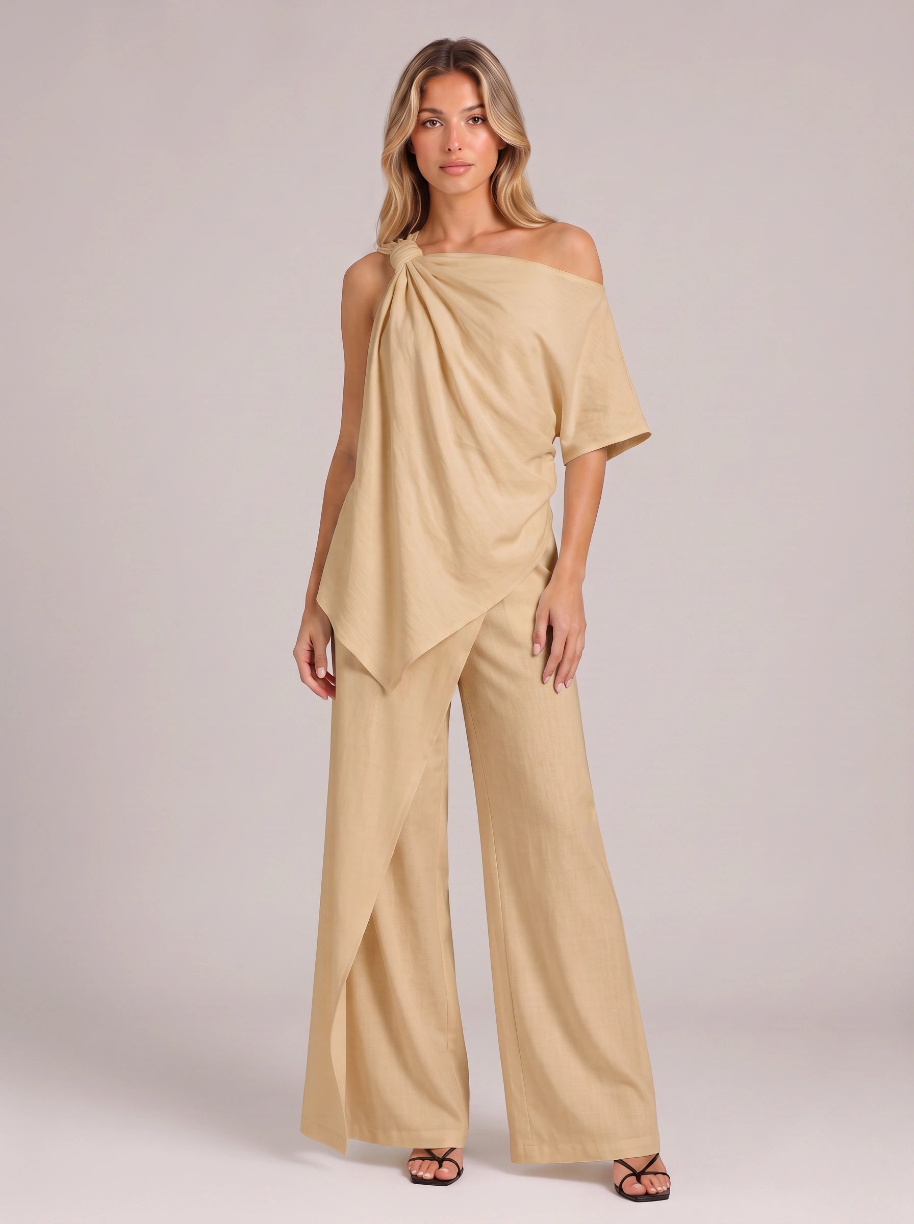 Isolde One-Shoulder Draped Top Wide-Leg Pants Set – Women Summer Cocktail Formal Evening Outfit Two-Piece Set