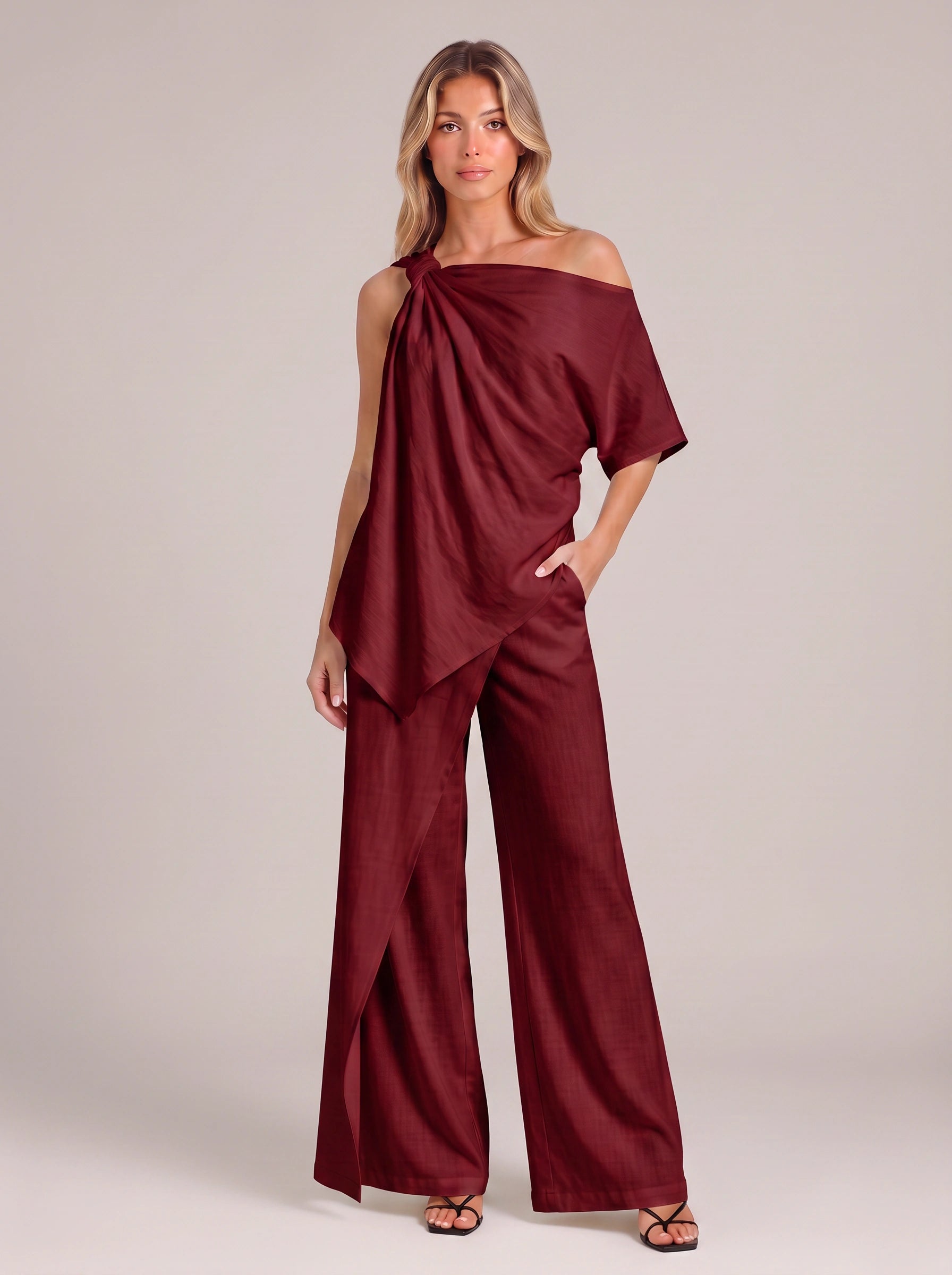 Isolde One-Shoulder Draped Top Wide-Leg Pants Set – Women Summer Cocktail Formal Evening Outfit Two-Piece Set