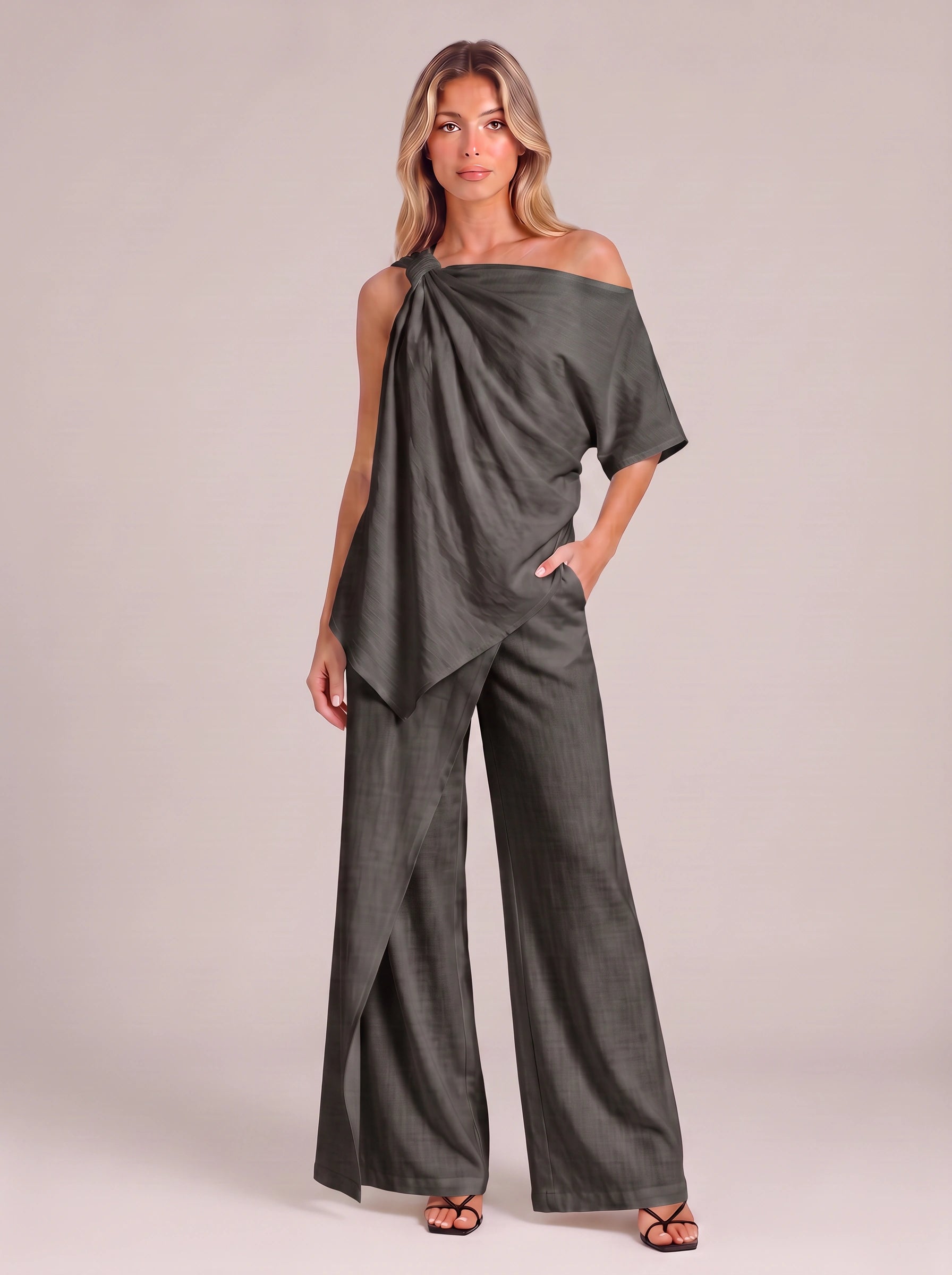 Isolde One-Shoulder Draped Top Wide-Leg Pants Set – Women Summer Cocktail Formal Evening Outfit Two-Piece Set