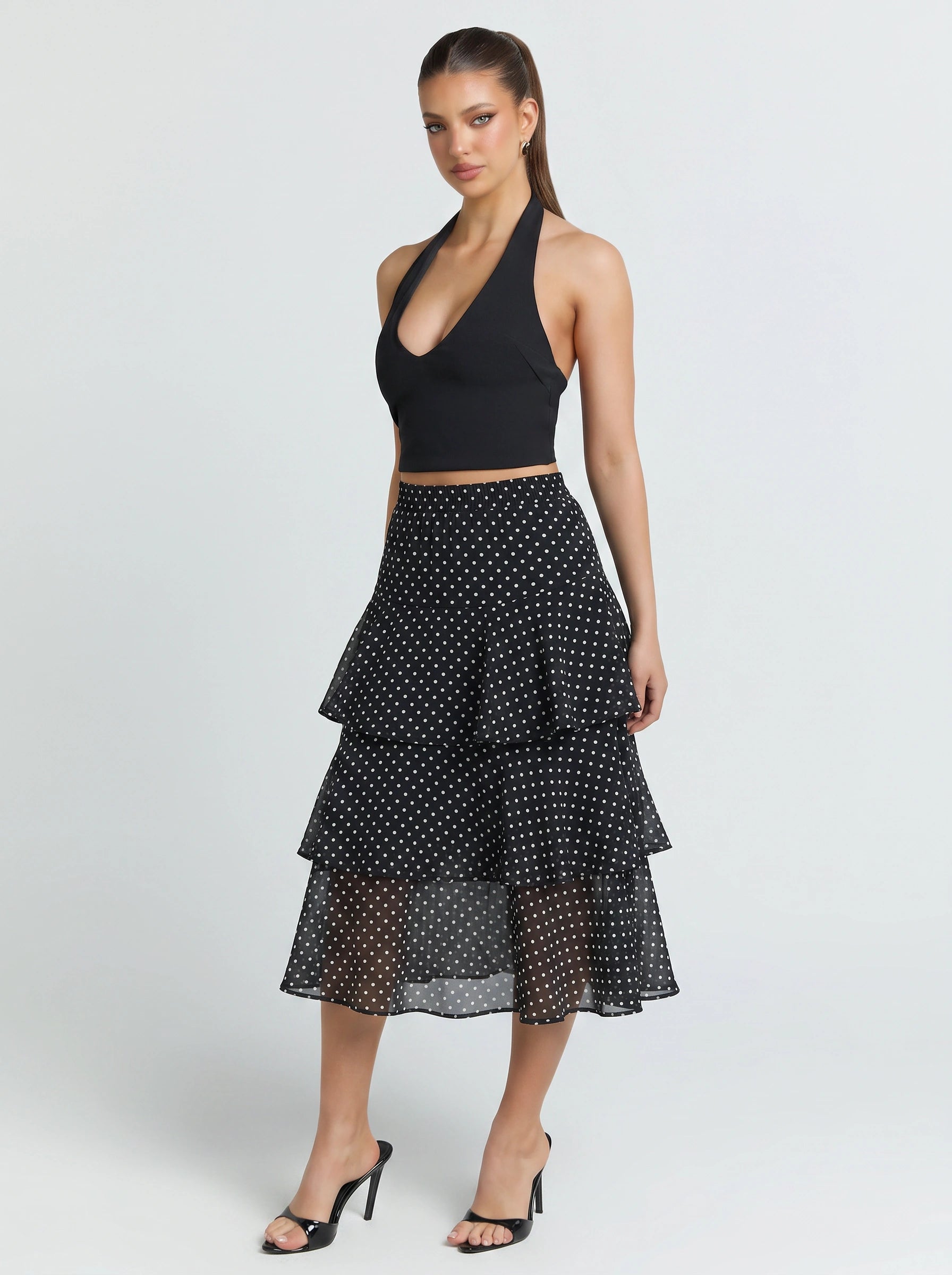 Cascara Tiered Ruffle Midi Skirt – Polka Dot High-Waist Chiffon A-Line Women Summer Evening Party Midi Skirt
