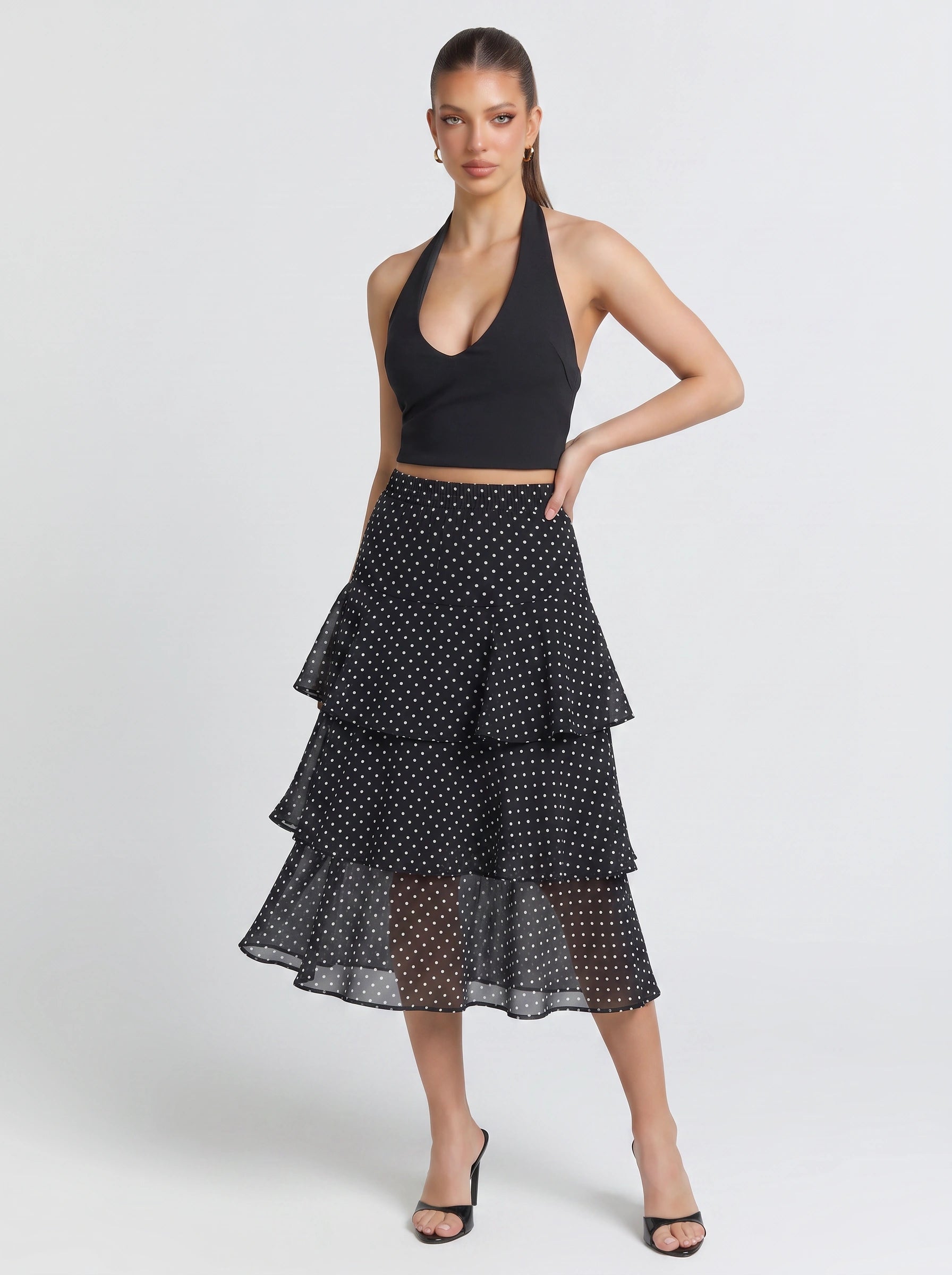 Cascara Tiered Ruffle Midi Skirt – Polka Dot High-Waist Chiffon A-Line Women Summer Evening Party Midi Skirt
