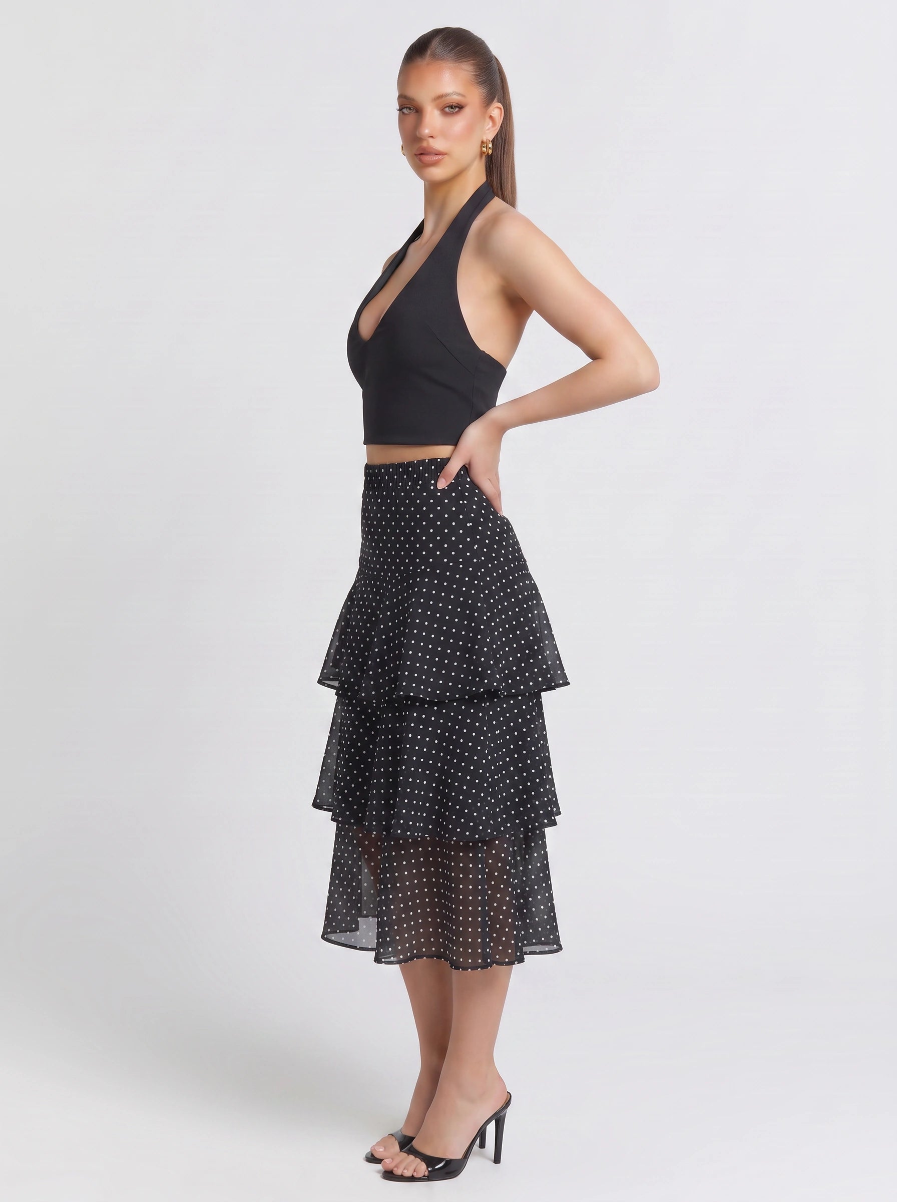 Cascara Tiered Ruffle Midi Skirt – Polka Dot High-Waist Chiffon A-Line Women Summer Evening Party Midi Skirt