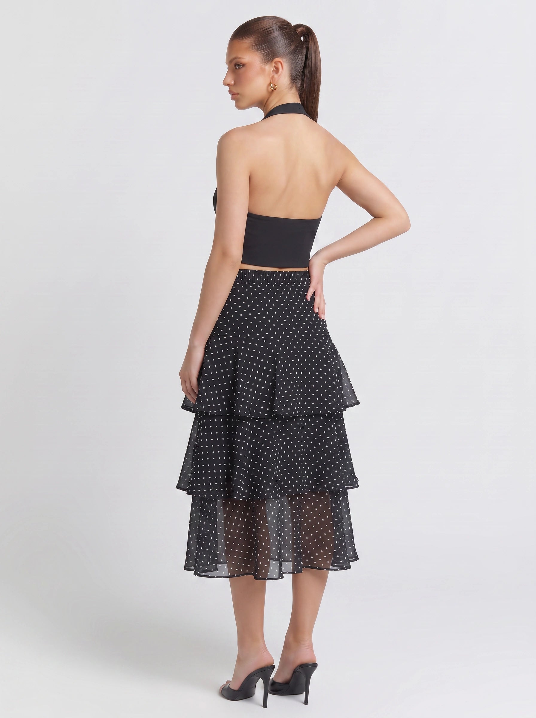 Cascara Tiered Ruffle Midi Skirt – Polka Dot High-Waist Chiffon A-Line Women Summer Evening Party Midi Skirt
