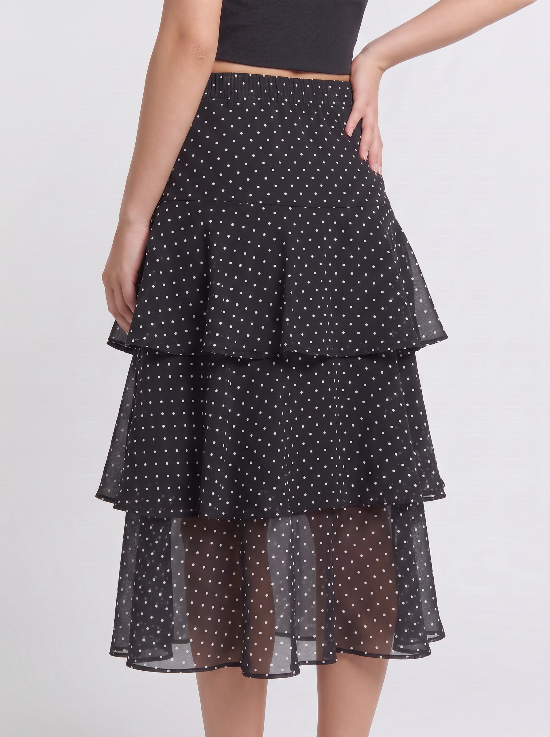 Cascara Tiered Ruffle Midi Skirt – Polka Dot High-Waist Chiffon A-Line Women Summer Evening Party Midi Skirt