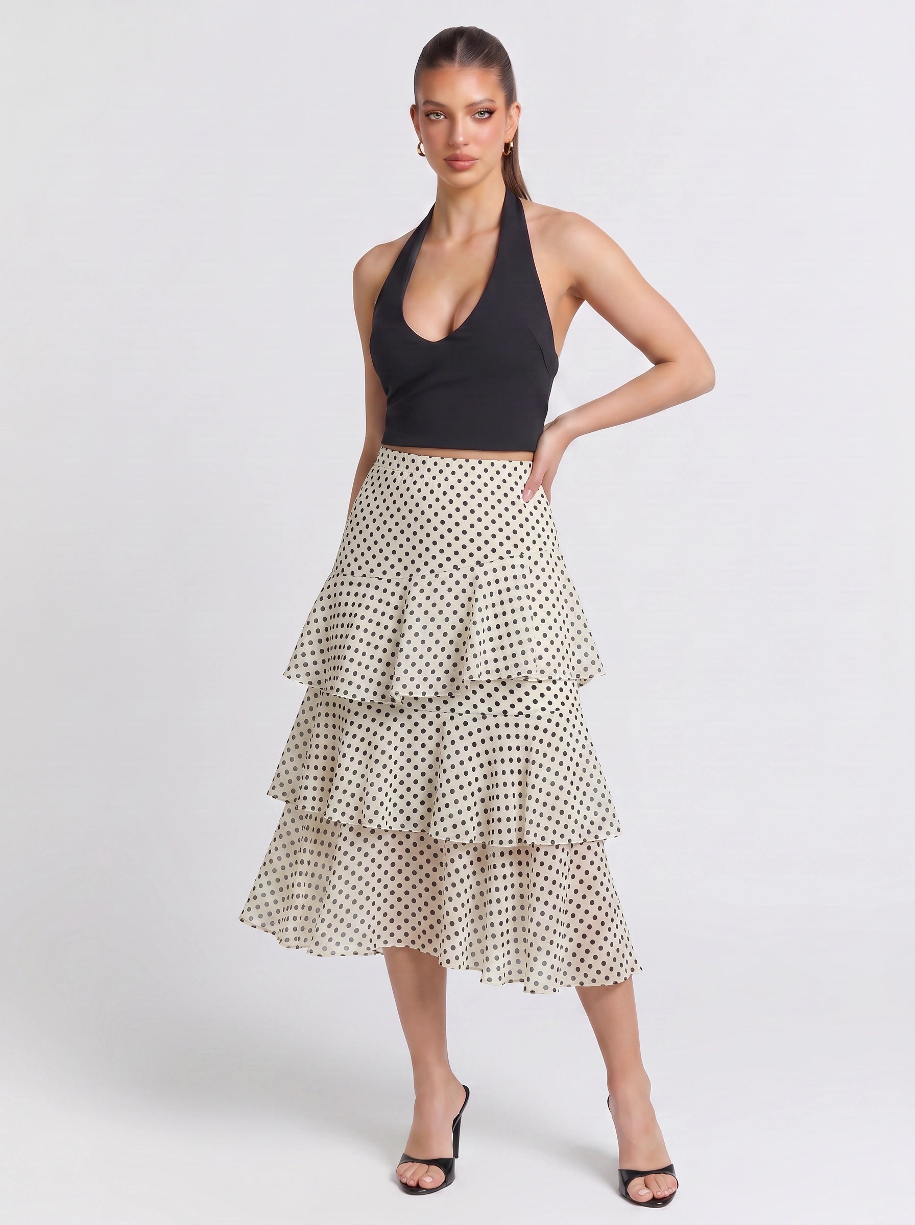 Cascara Tiered Ruffle Midi Skirt – Polka Dot High-Waist Chiffon A-Line Women Summer Evening Party Midi Skirt