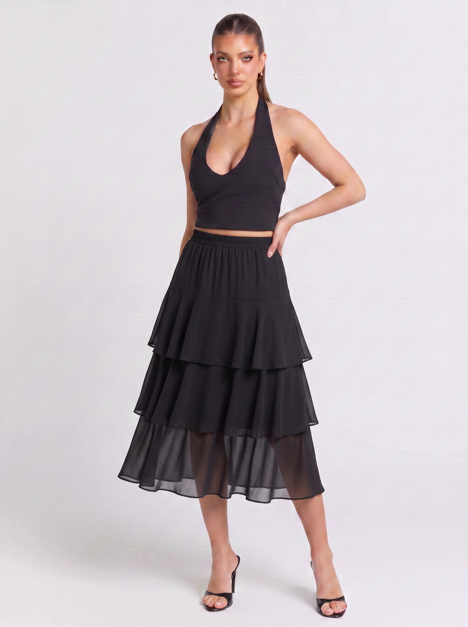 Cascara Tiered Ruffle Midi Skirt – Polka Dot High-Waist Chiffon A-Line Women Summer Evening Party Midi Skirt