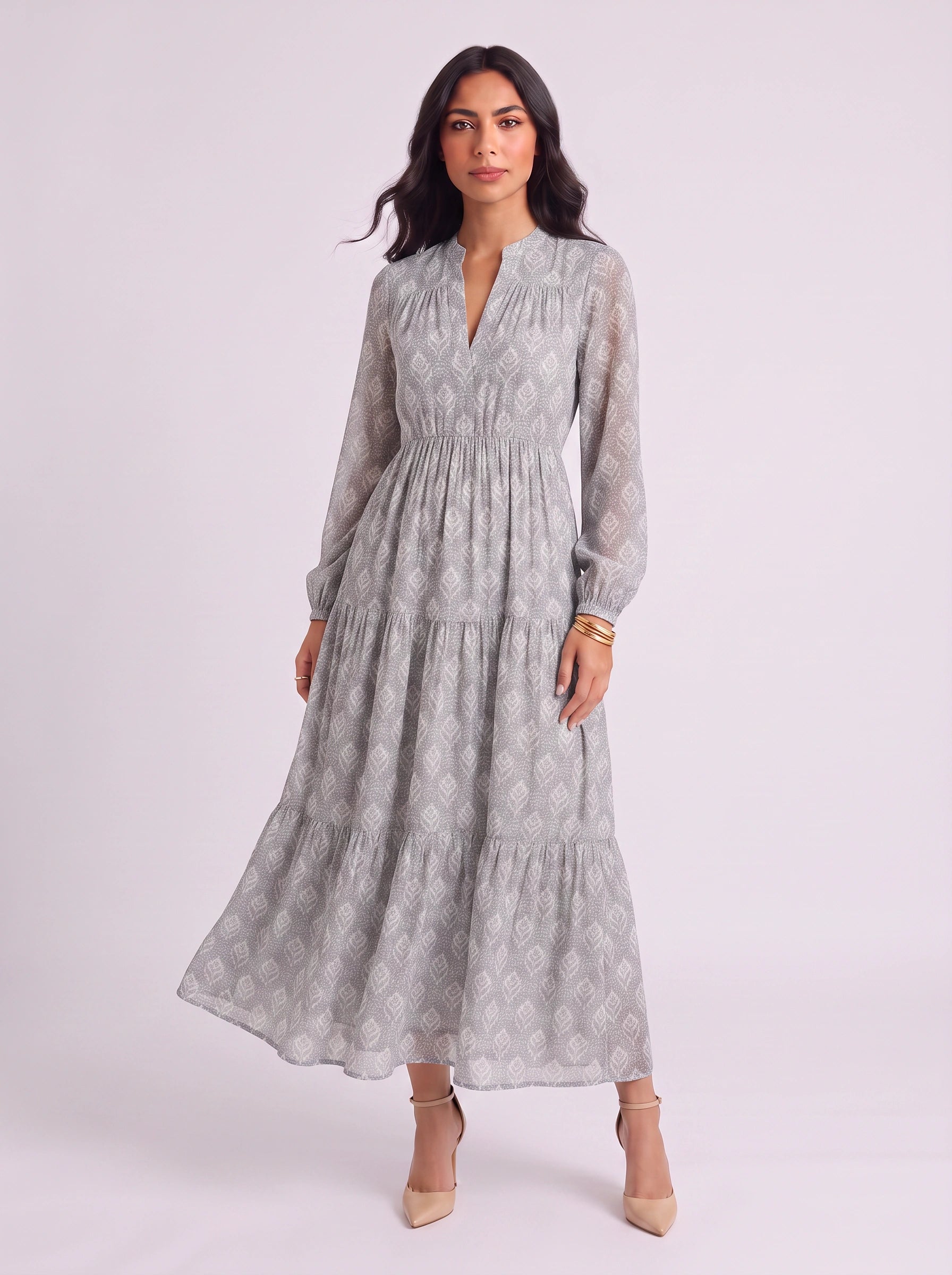 Florenna Tiered V-Neck Maxi Dress – Women Printed Summer Sundress Boho Beach Wedding Guest Maxi Dress