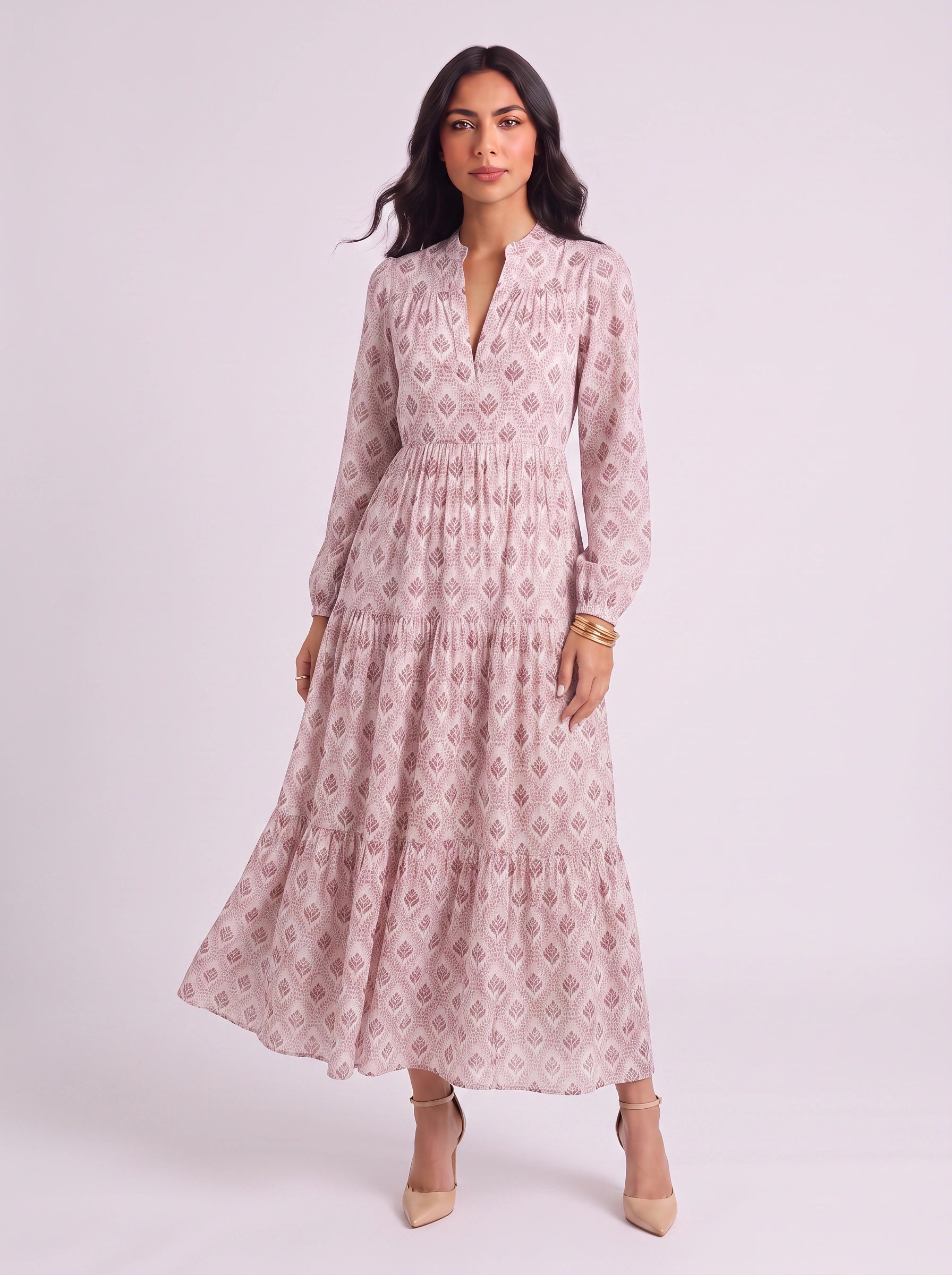 Florenna Tiered V-Neck Maxi Dress – Women Printed Summer Sundress Boho Beach Wedding Guest Maxi Dress
