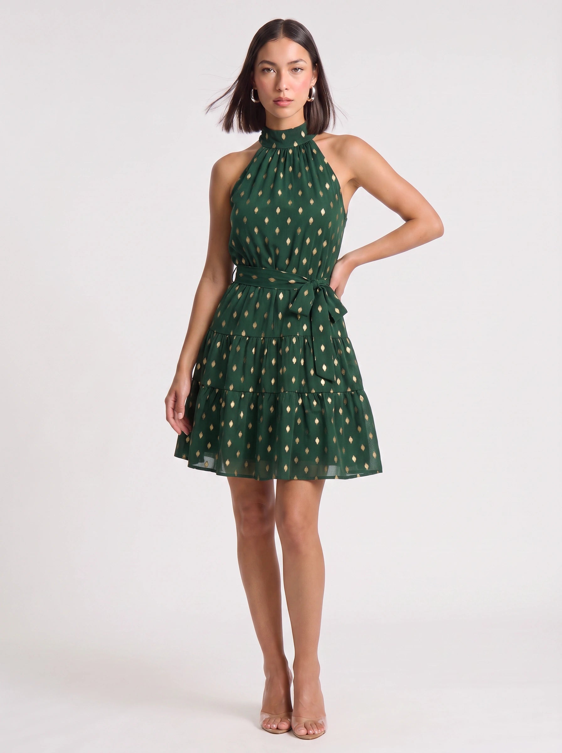 Speckora Halter Neck Tiered Mini Dress – Polka Dot Women Summer Wedding Guest Party Sundress Belted Mini Dress