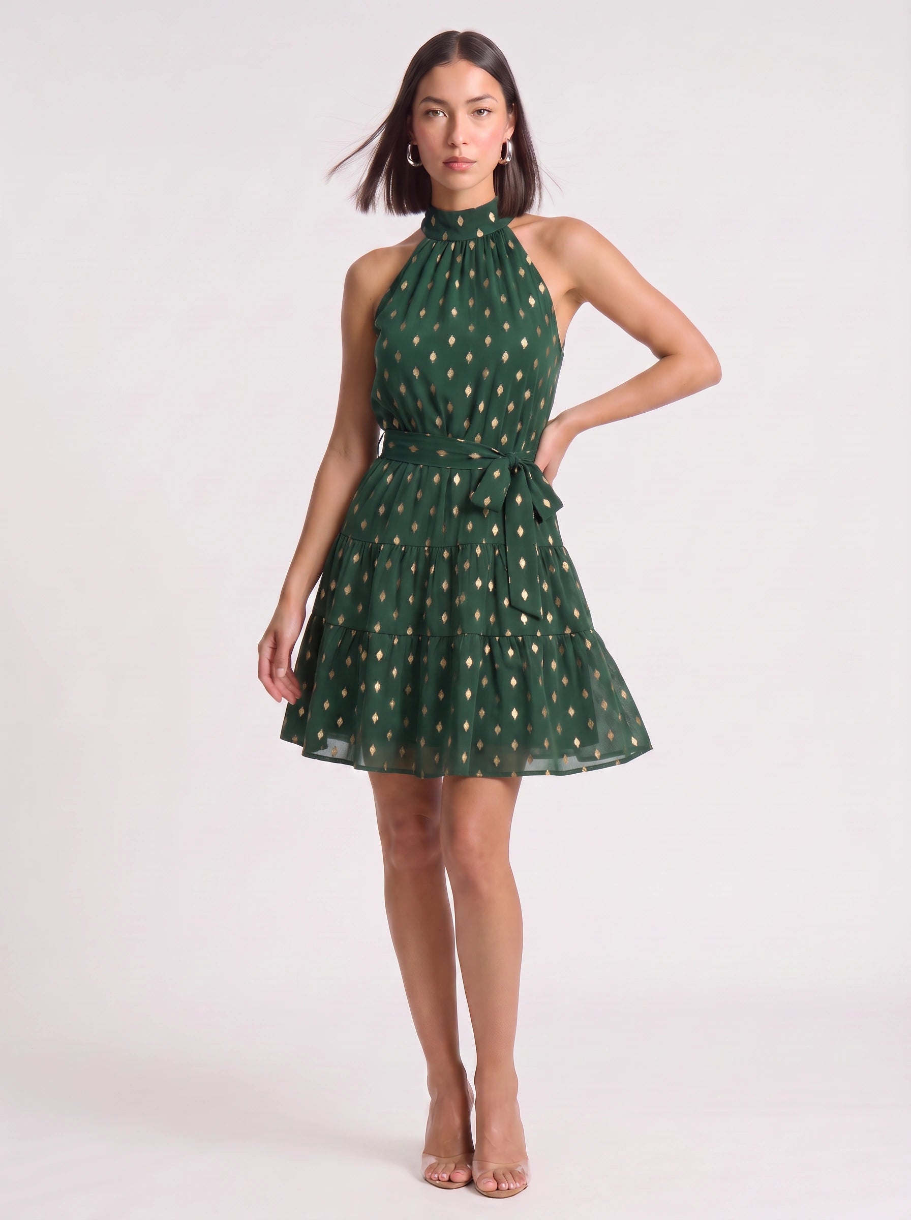 Speckora Halter Neck Tiered Mini Dress – Polka Dot Women Summer Wedding Guest Party Sundress Belted Mini Dress