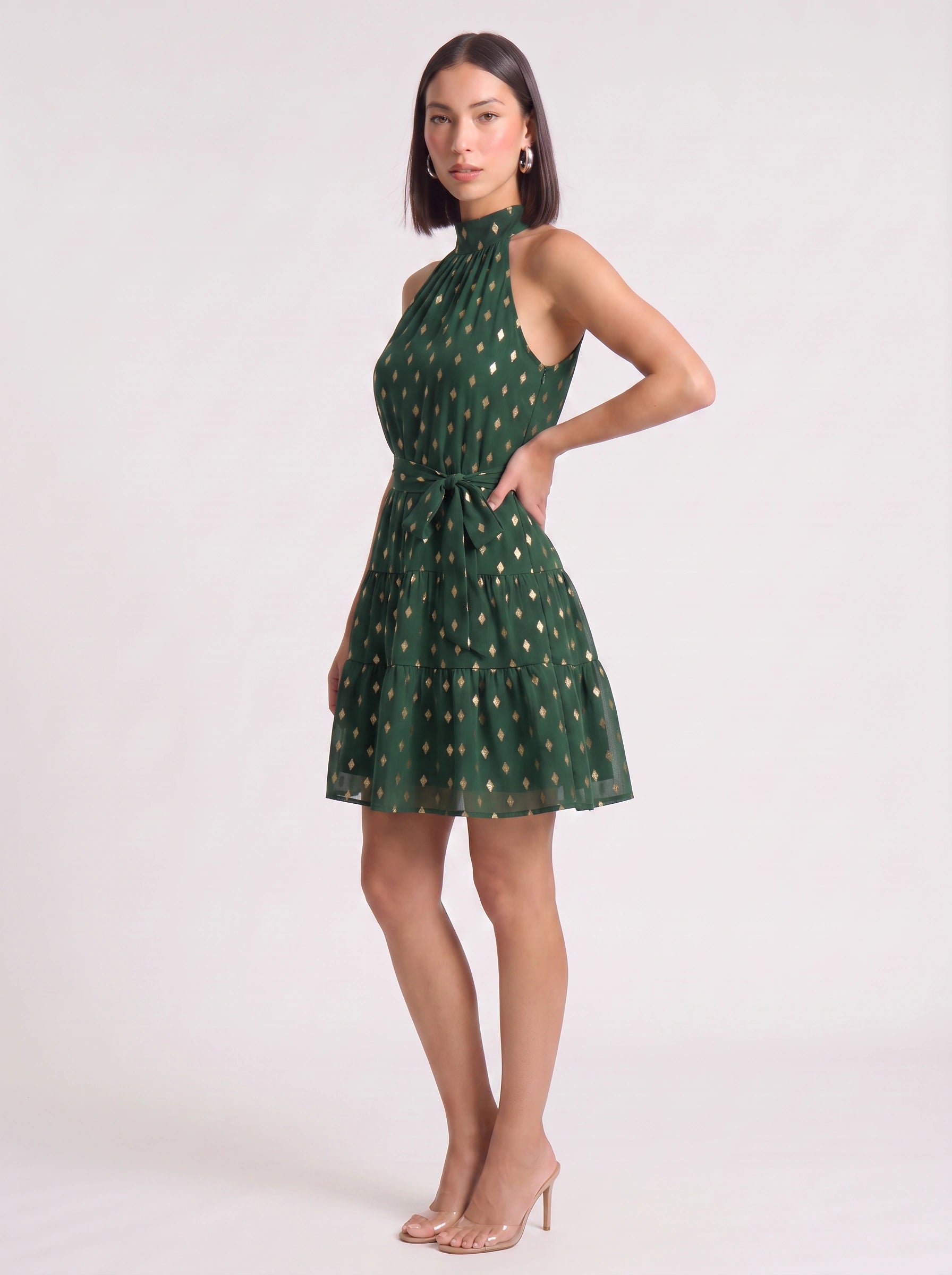 Speckora Halter Neck Tiered Mini Dress – Polka Dot Women Summer Wedding Guest Party Sundress Belted Mini Dress