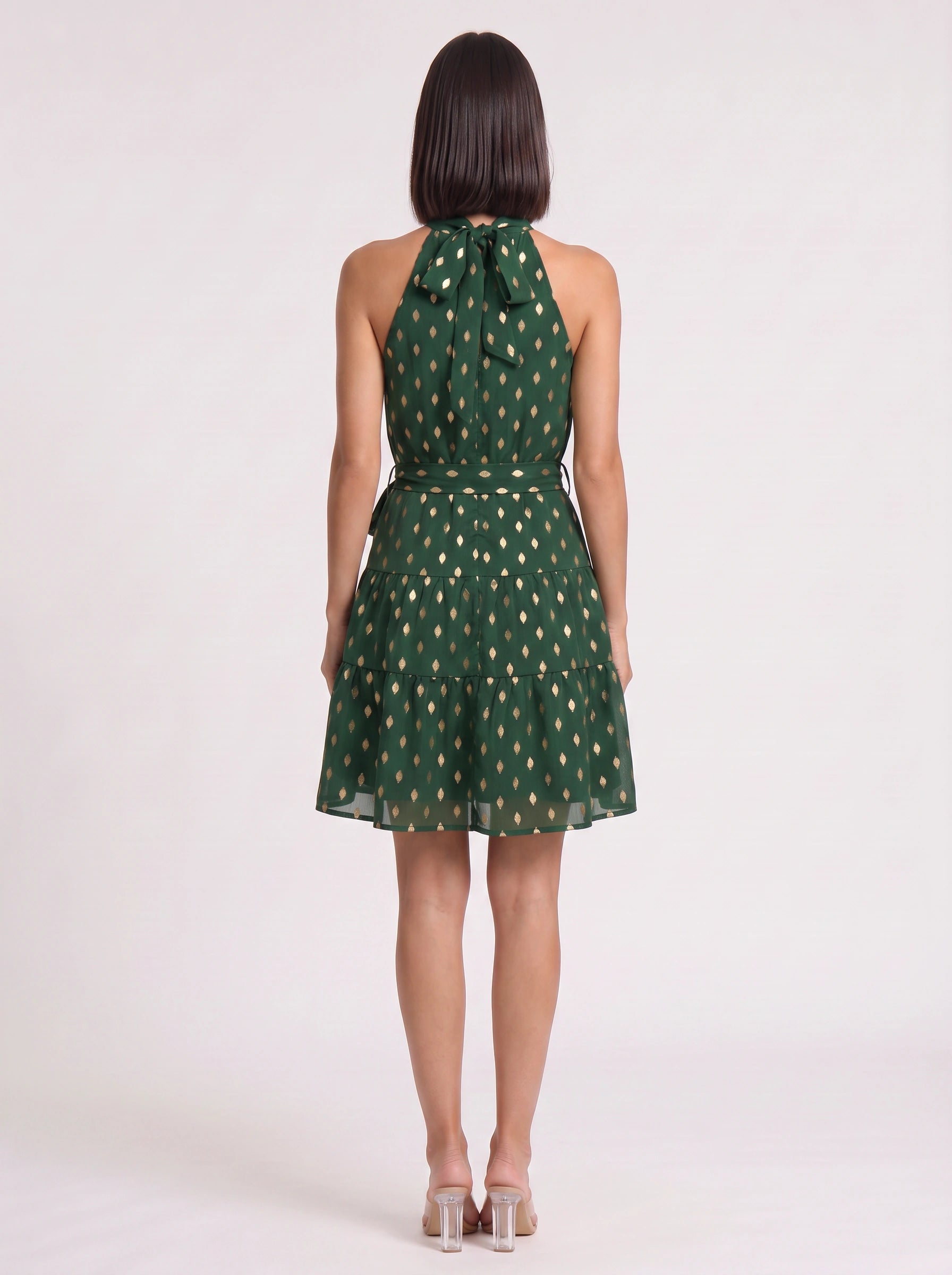 Speckora Halter Neck Tiered Mini Dress – Polka Dot Women Summer Wedding Guest Party Sundress Belted Mini Dress