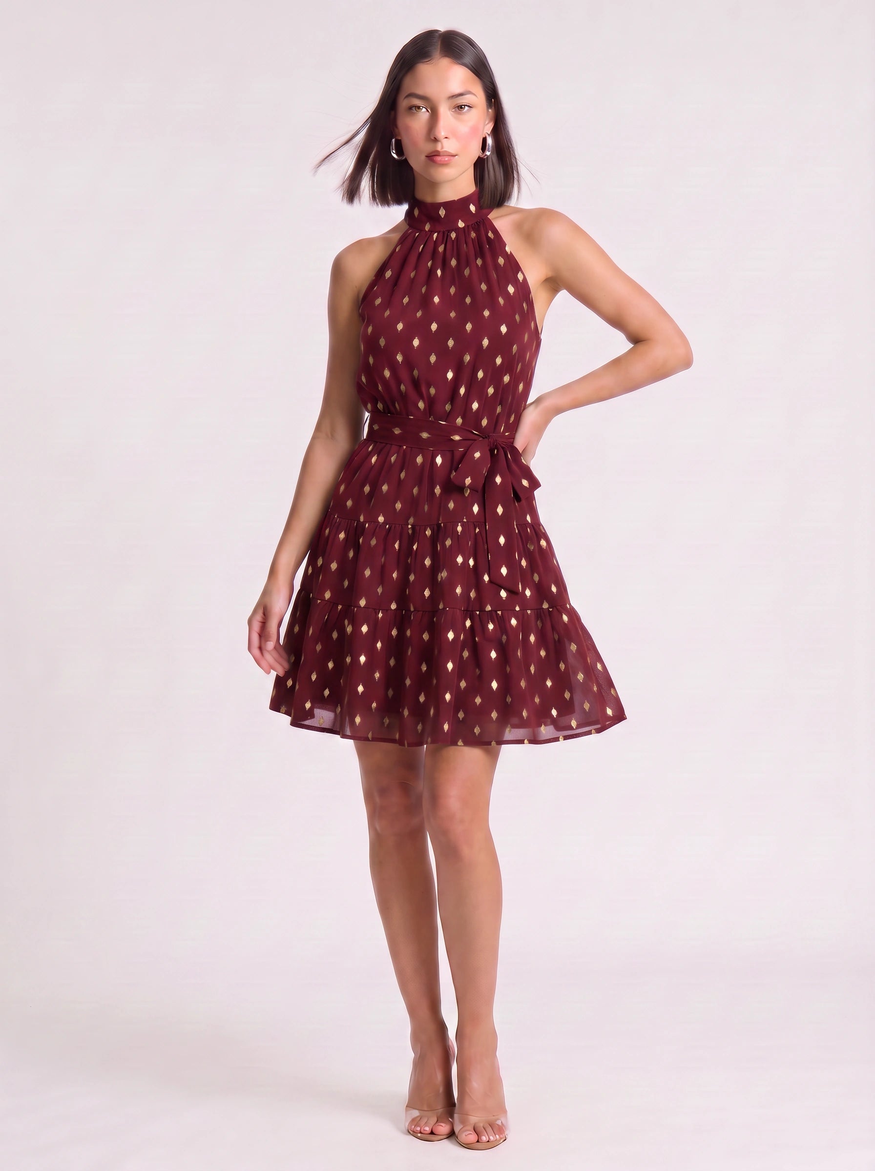 Speckora Halter Neck Tiered Mini Dress – Polka Dot Women Summer Wedding Guest Party Sundress Belted Mini Dress