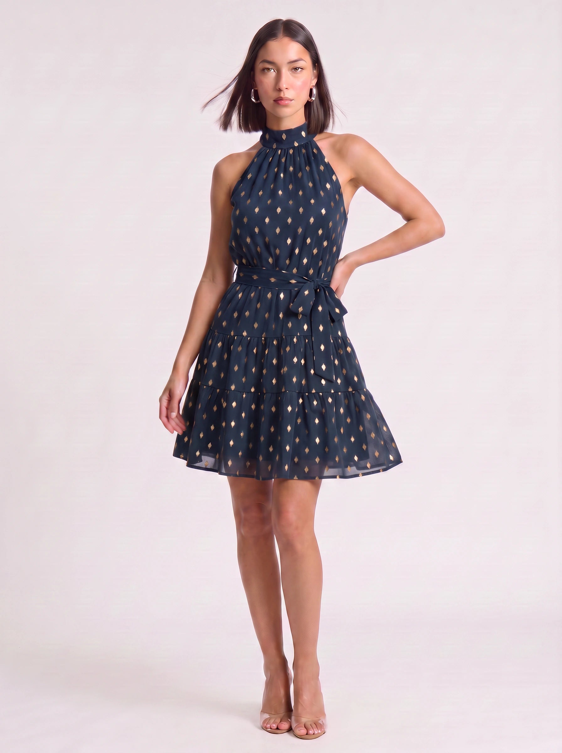Speckora Halter Neck Tiered Mini Dress – Polka Dot Women Summer Wedding Guest Party Sundress Belted Mini Dress