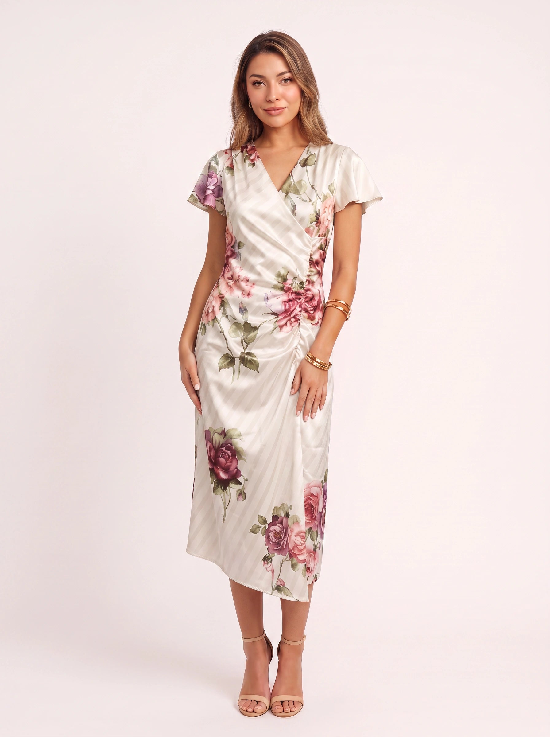 Rosetta Wrap Floral Midi Dress – Satin Faux Wrap Women Wedding Guest Garden Party Elegant Midi Dress