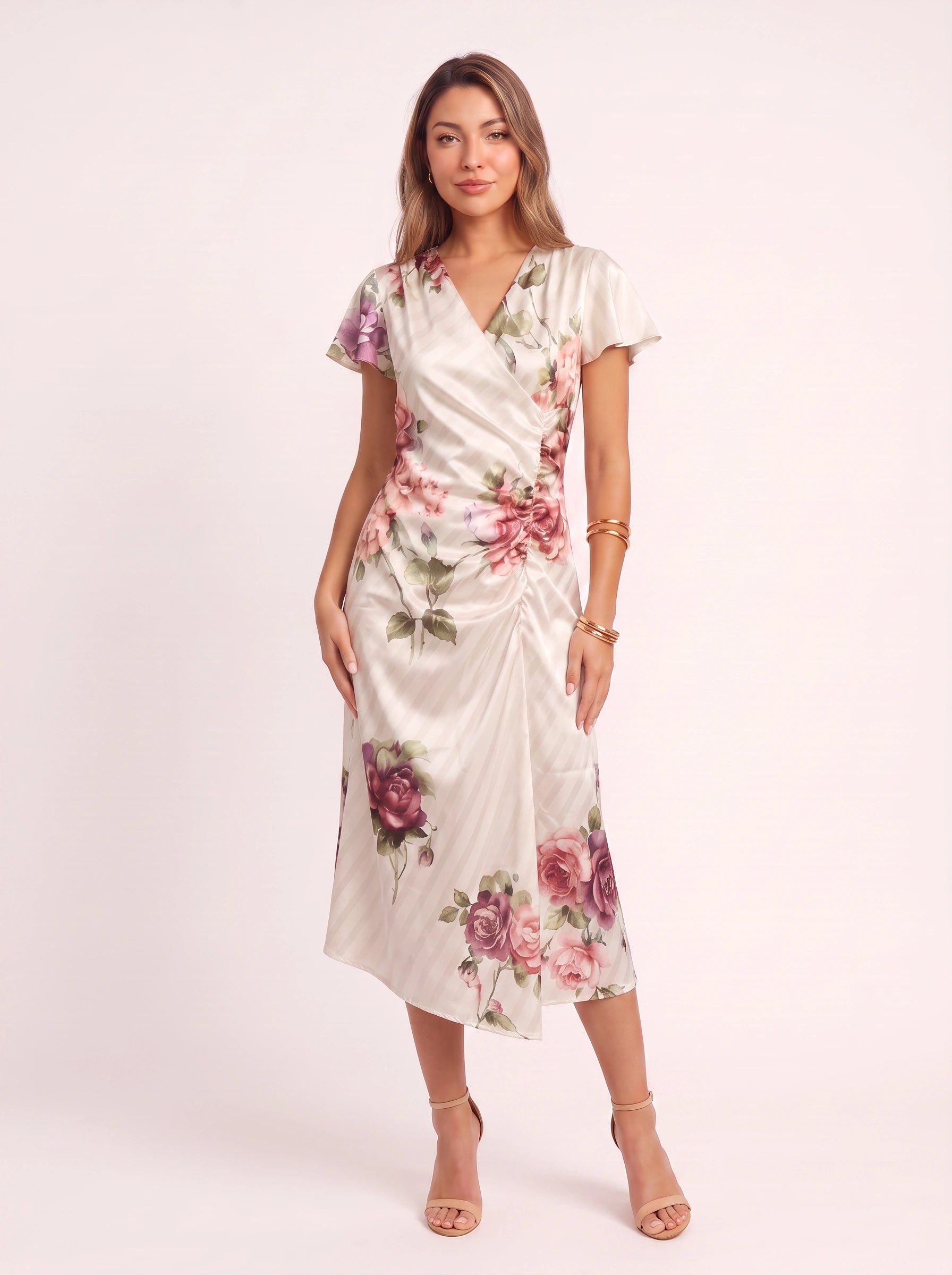 Rosetta Wrap Floral Midi Dress – Satin Faux Wrap Women Wedding Guest Garden Party Elegant Midi Dress