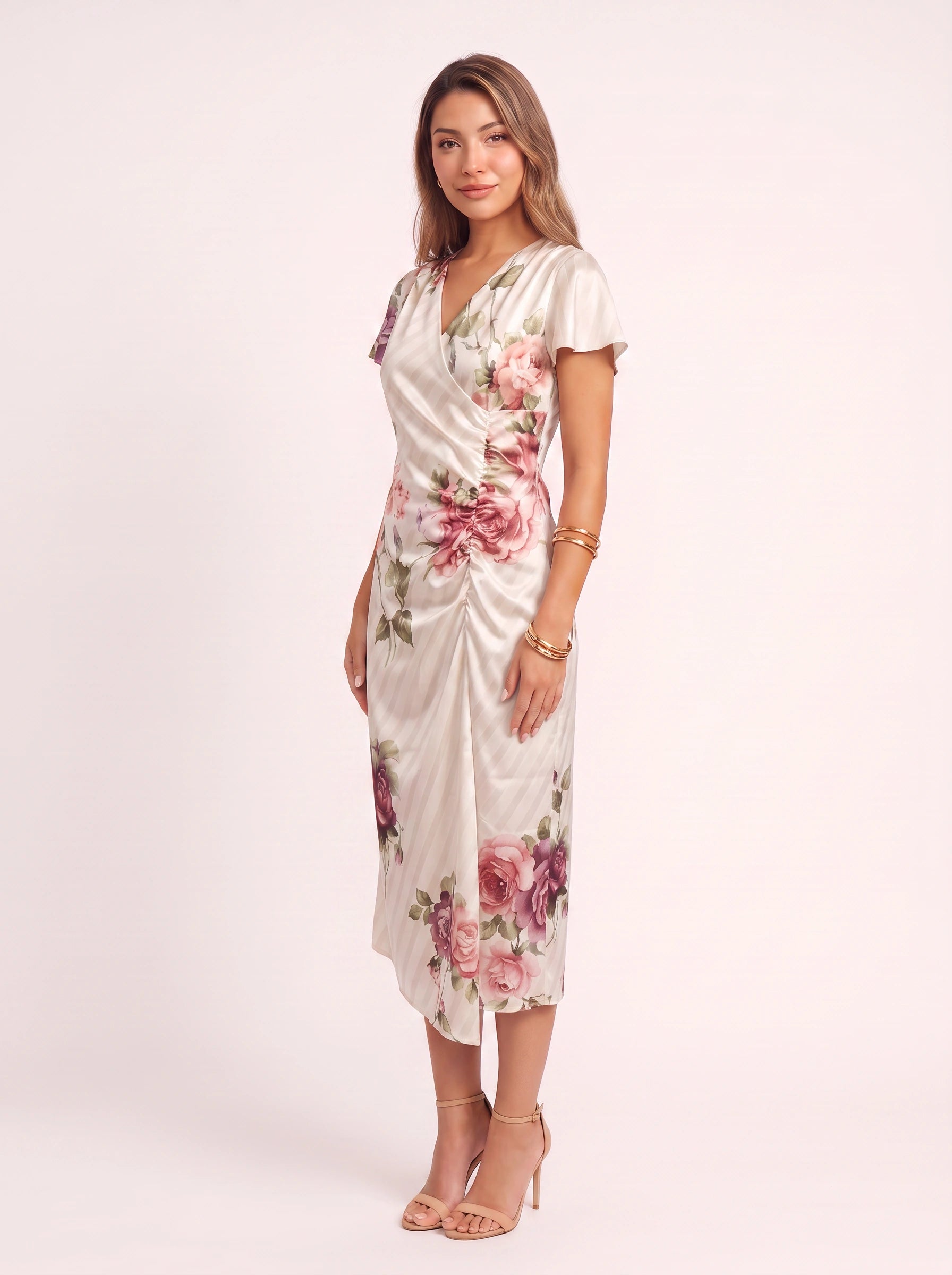 Rosetta Wrap Floral Midi Dress – Satin Faux Wrap Women Wedding Guest Garden Party Elegant Midi Dress
