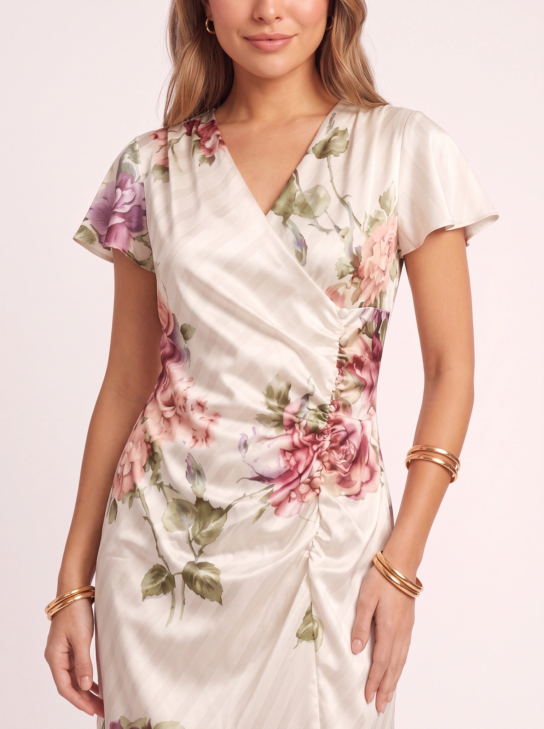 Rosetta Wrap Floral Midi Dress – Satin Faux Wrap Women Wedding Guest Garden Party Elegant Midi Dress
