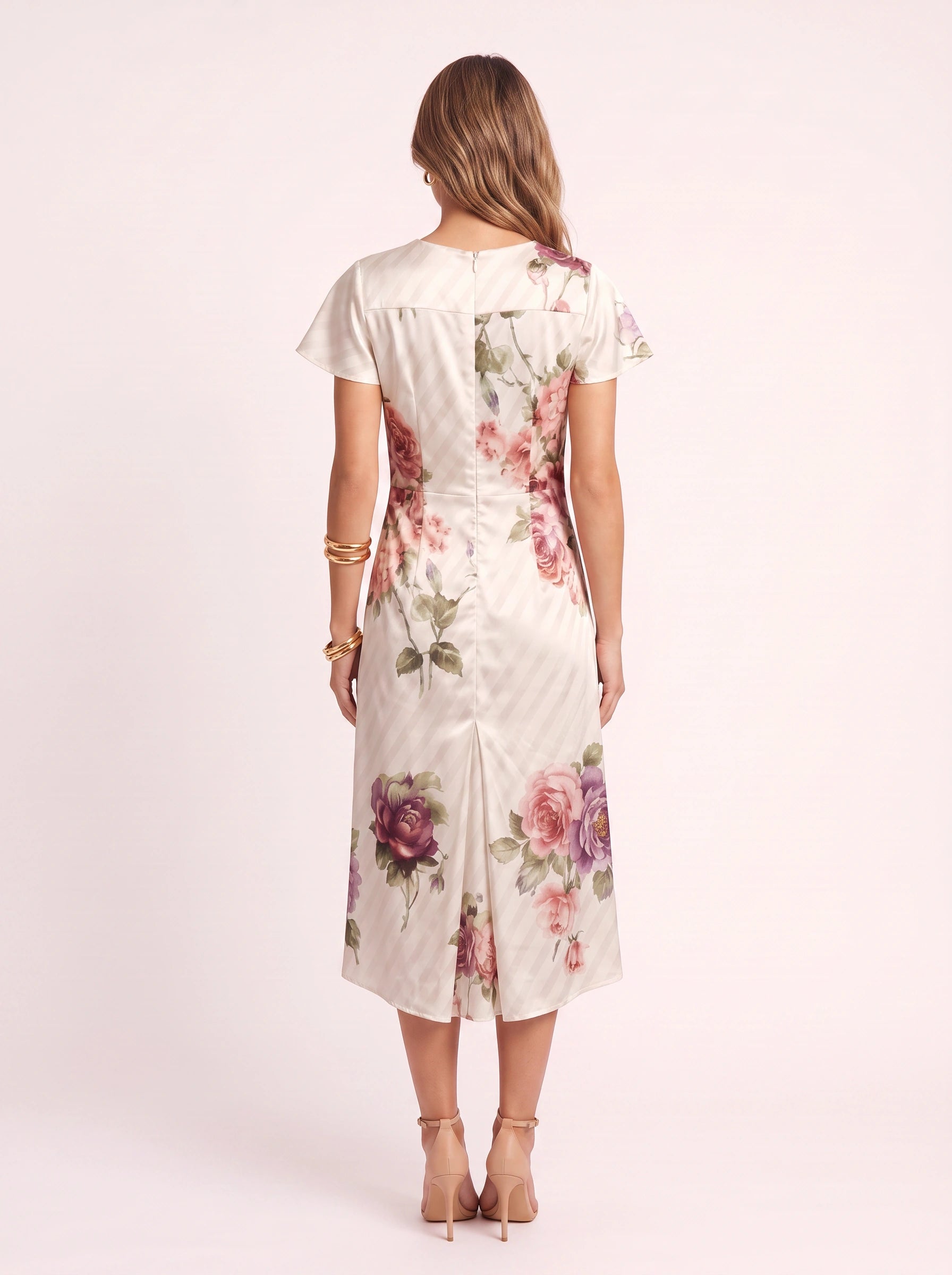 Rosetta Wrap Floral Midi Dress – Satin Faux Wrap Women Wedding Guest Garden Party Elegant Midi Dress