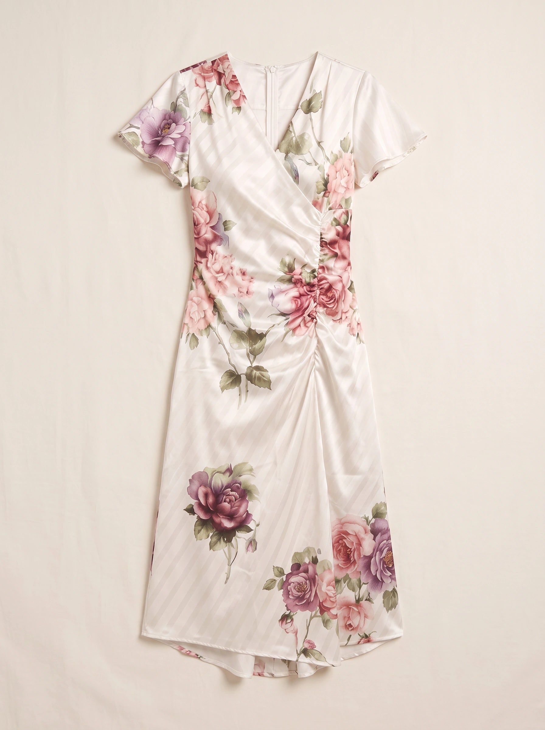 Rosetta Wrap Floral Midi Dress – Satin Faux Wrap Women Wedding Guest Garden Party Elegant Midi Dress
