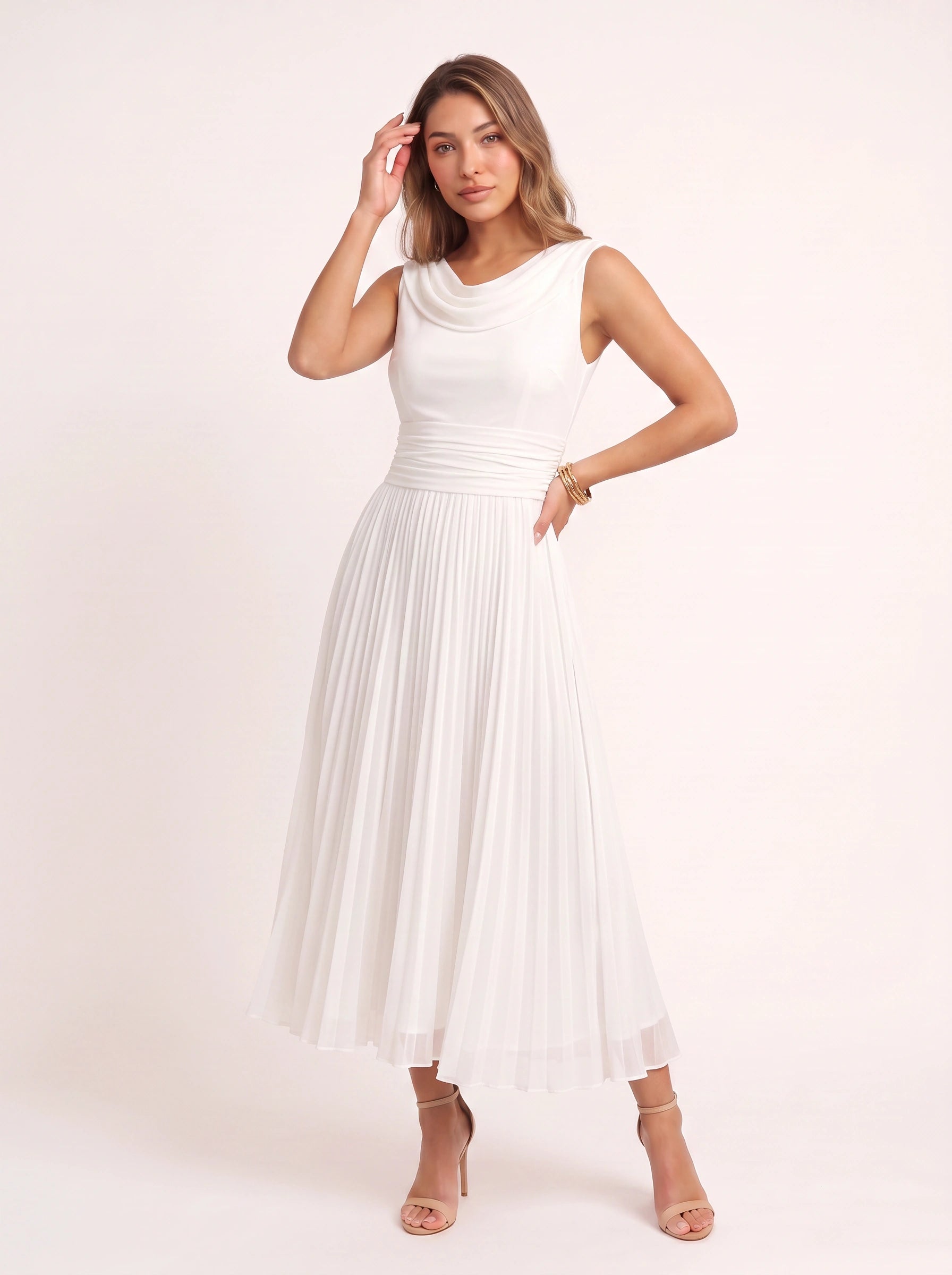 Colvenna Cowl Neck Midi Dress – Formal Dresses Women Evening Wedding Guest Elegant Pleated Chiffon Midi Dress