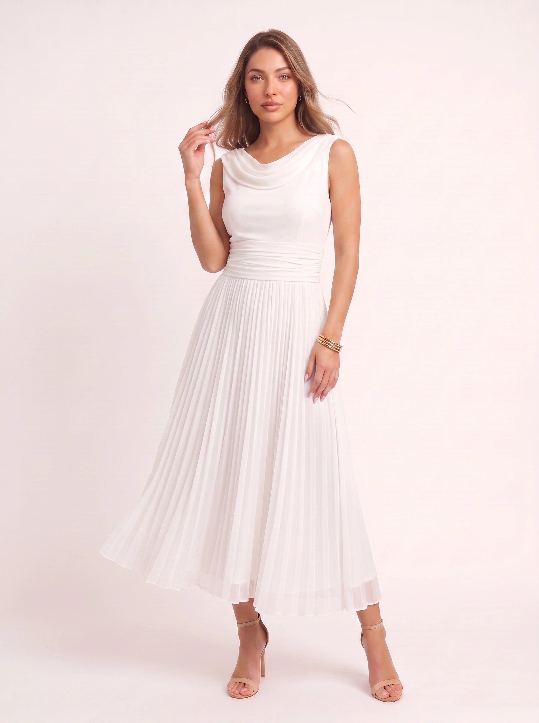Colvenna Cowl Neck Midi Dress – Formal Dresses Women Evening Wedding Guest Elegant Pleated Chiffon Midi Dress