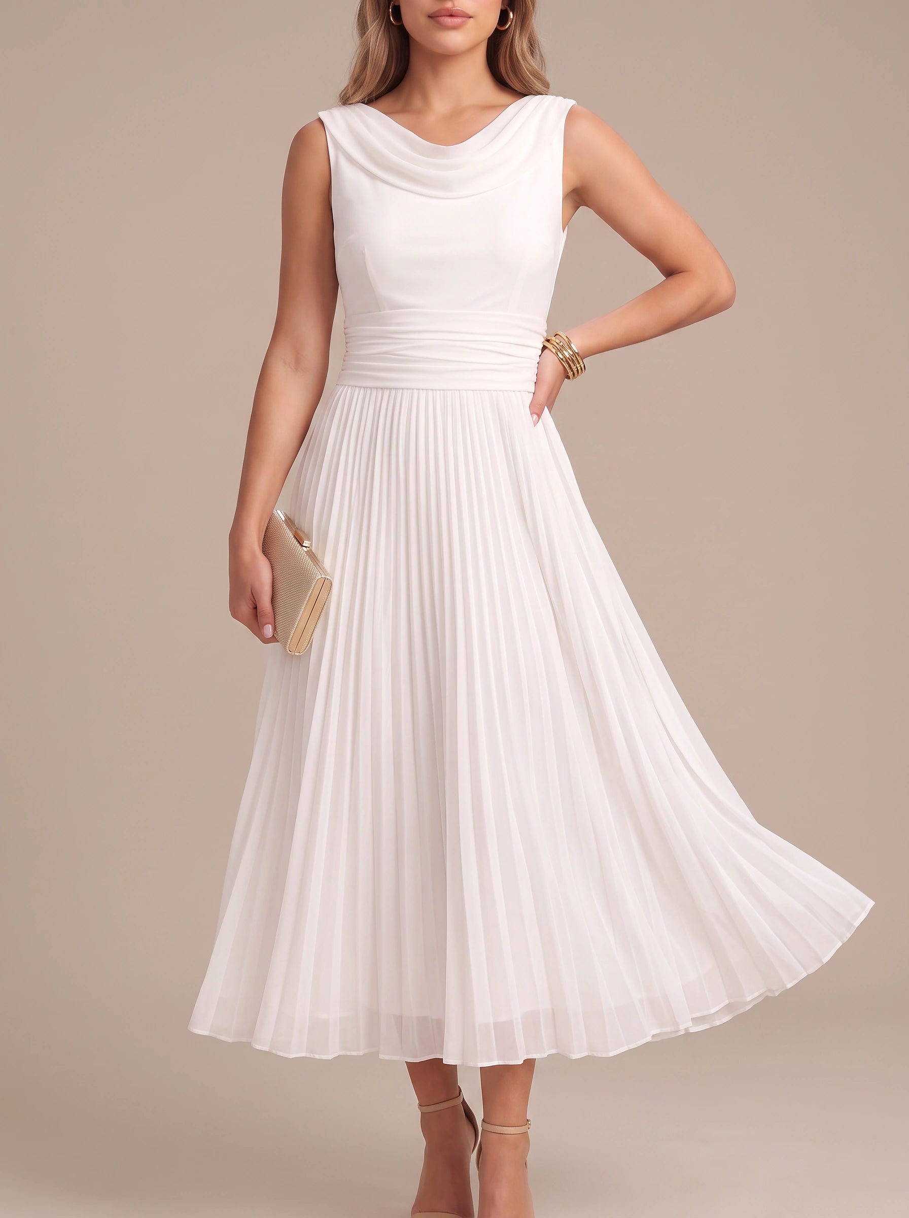 Colvenna Cowl Neck Midi Dress – Formal Dresses Women Evening Wedding Guest Elegant Pleated Chiffon Midi Dress