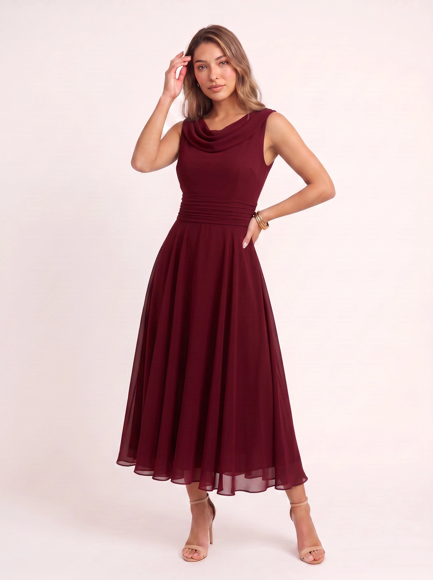 Colvenna Cowl Neck Midi Dress – Formal Dresses Women Evening Wedding Guest Elegant Pleated Chiffon Midi Dress