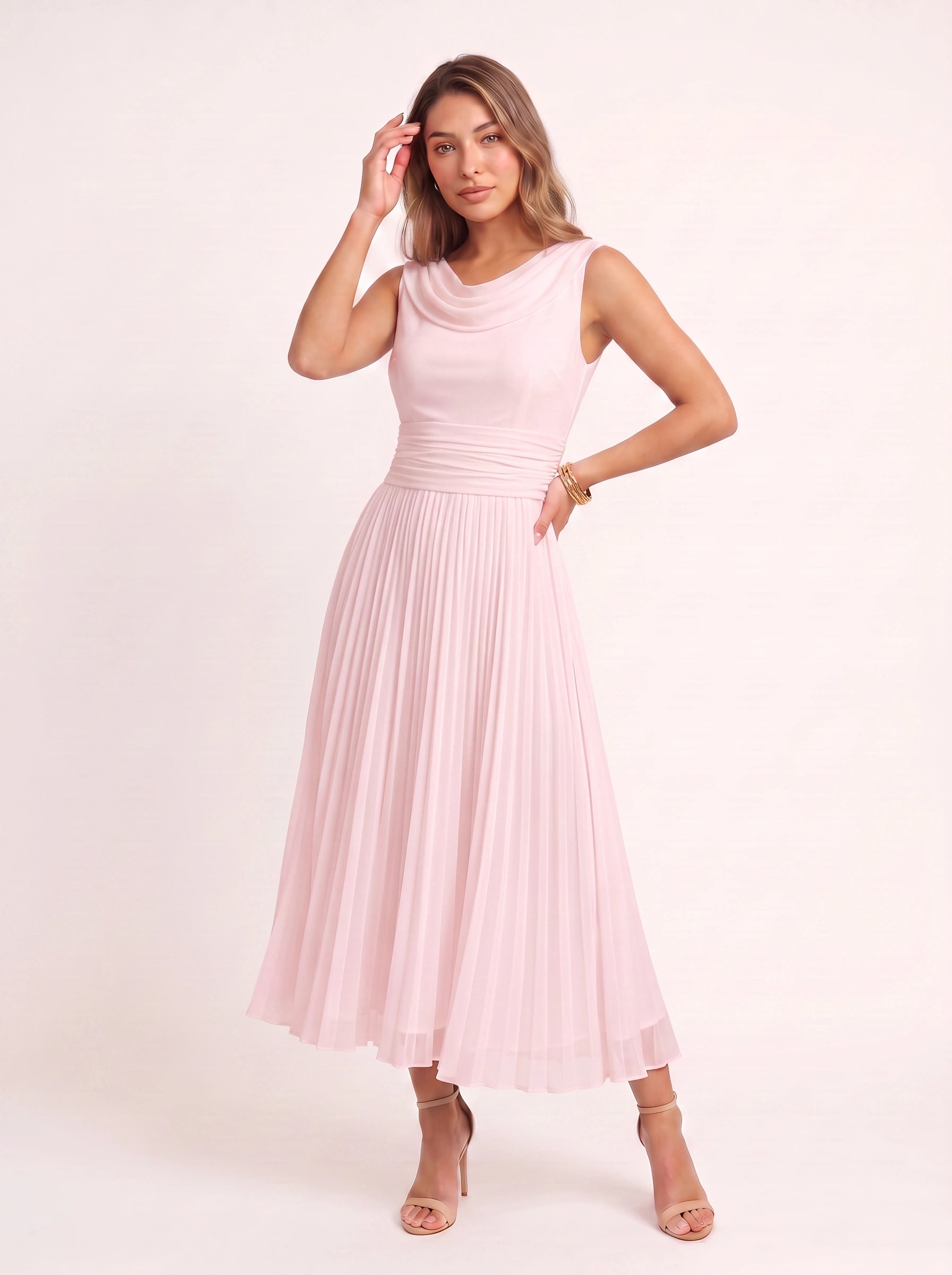 Colvenna Cowl Neck Midi Dress – Formal Dresses Women Evening Wedding Guest Elegant Pleated Chiffon Midi Dress