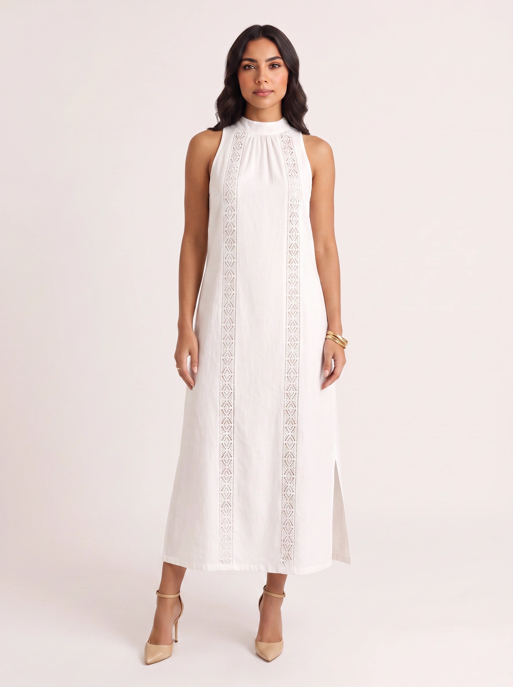 Trimare Lace Panel Halter Midi Dress – Lace Sundress Women Boho Beach Vacation Resort Casual Midi Dress